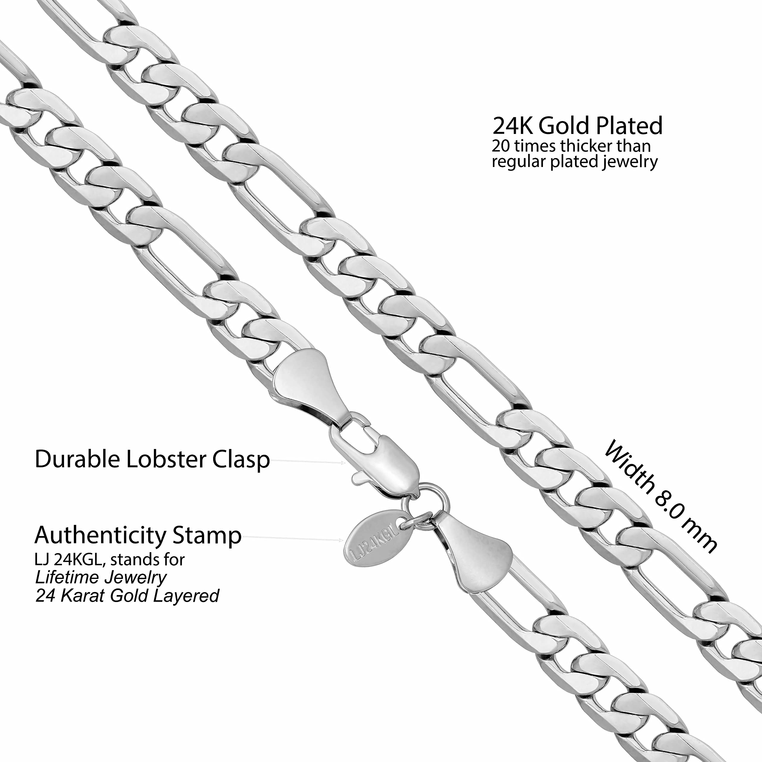 LIFETIME JEWELRY 24K Real Gold Plated Beveled Figaro Chain Necklace for Women & Men - 6.5mm, 8mm, 9.5mm, 11mm - Perfect for Gifts, Weddings, Anniversaries & Everyday Elegance