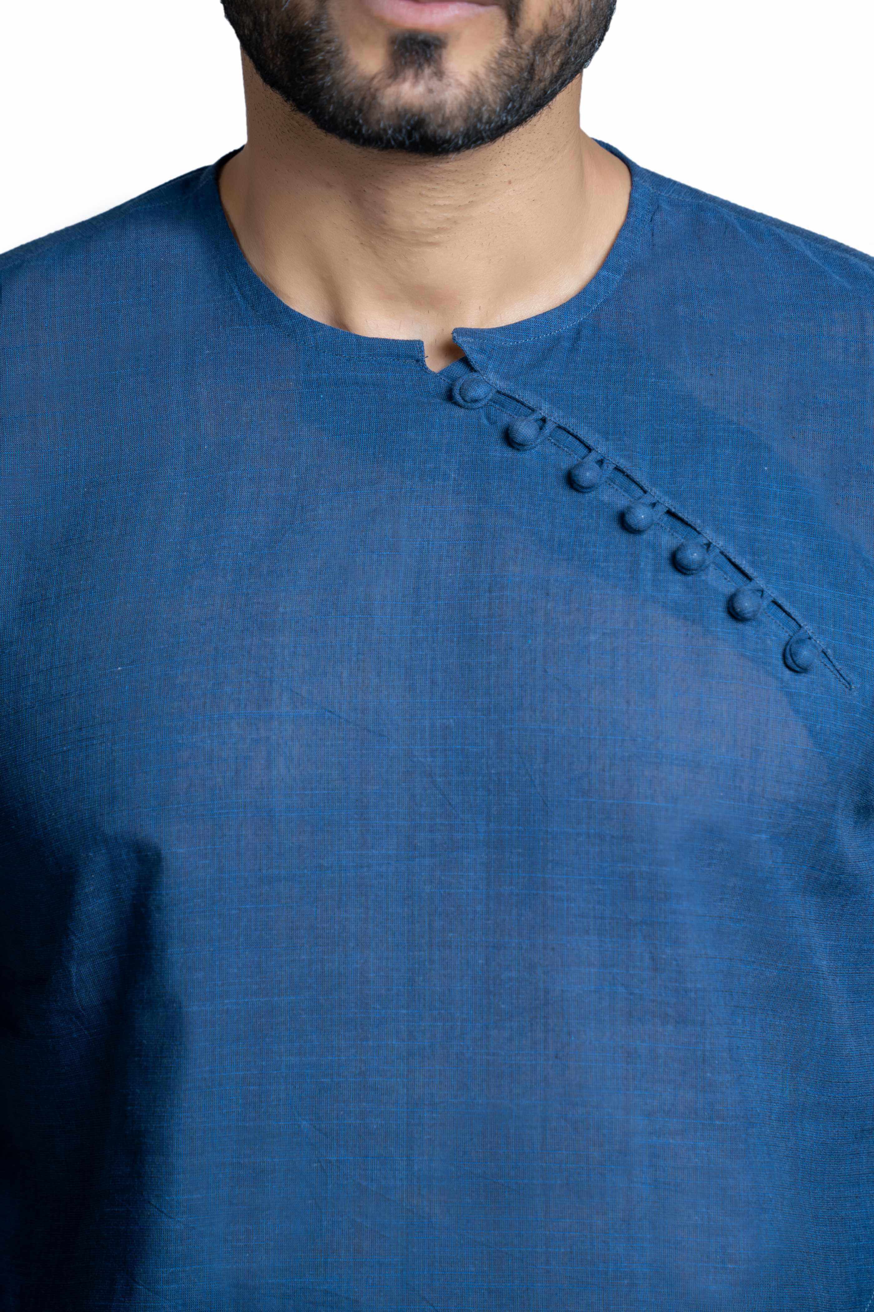 Handwoven Pure Cotton Side Slit Blue Kurta Pajama Set for Men - Comfortable Traditional Indian Ethnic Wear for Festivals, Weddings & Casual Outings