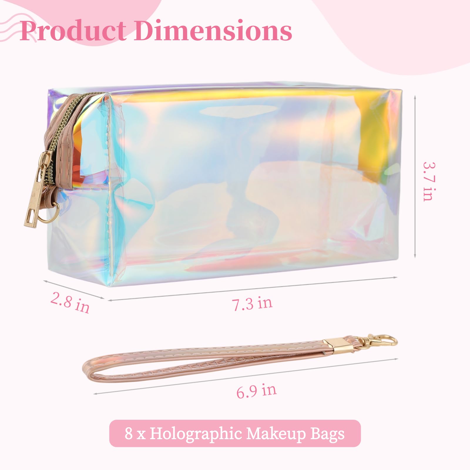 DIMEGON 8 Pcs Holographic Makeup Bags - Iridescent Clear Cosmetic Organizer with Zipper & Wrist Loop | Waterproof Travel Toiletry Pouch for Women | Perfect for Travel, Gym, Beach & Daily Makeup Storage