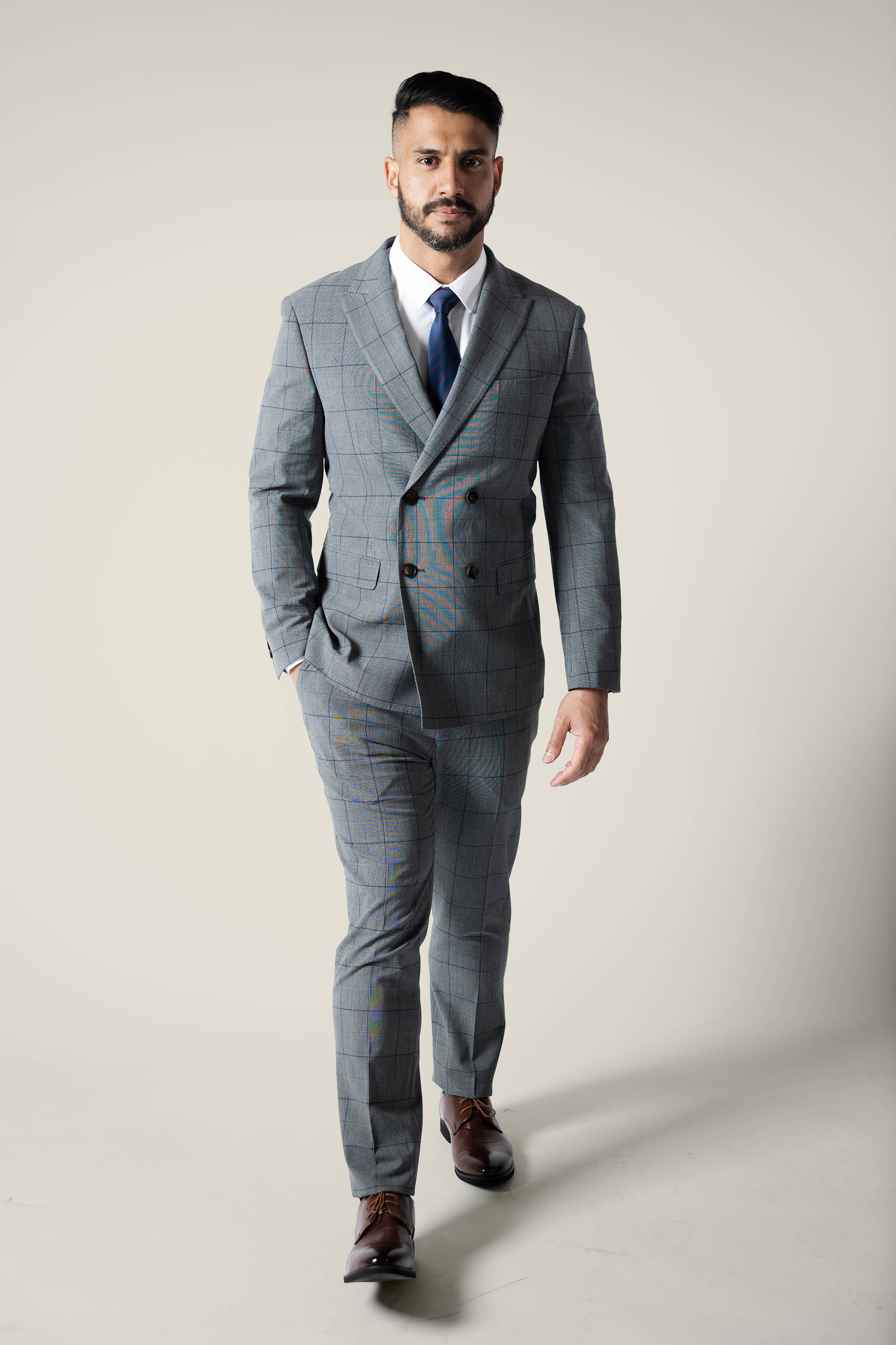 Stylish Men's Double Breasted Grey Checkered Suit Jacket - Formal Business Attire for Weddings, Office & Special Events