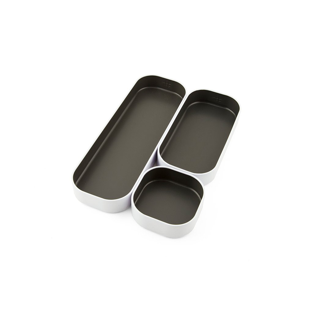 3-Piece Shallow Metal Organizer Tray Set - Gray & White (1 Inch) for Makeup, Stationery & Utensils | Perfect for Office Desk, Kitchen & Bathroom Drawer Organization