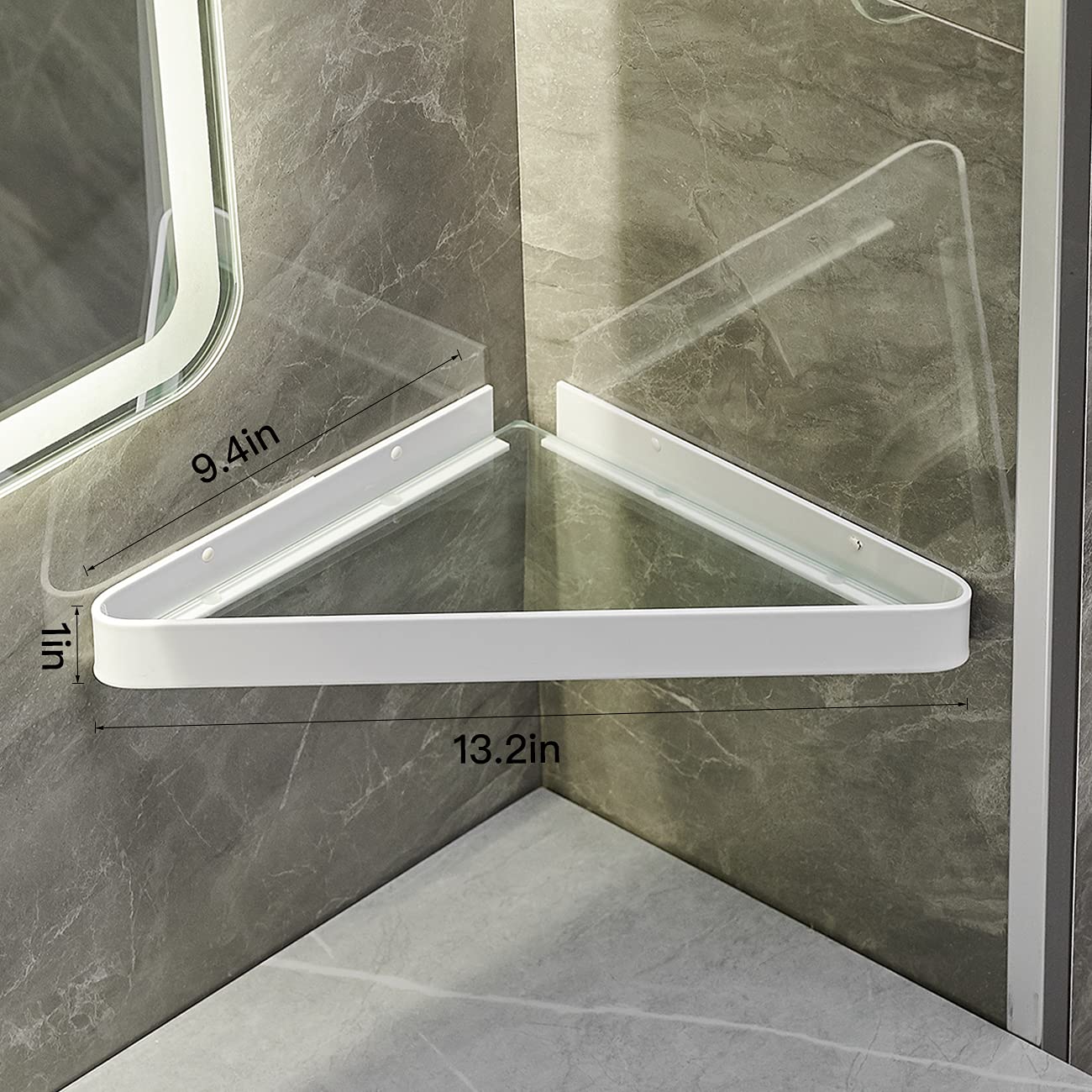 VOLPONE 2-Tier Wall Mounted Bathroom Shelves - Tempered Glass Corner Floating Shelf for Bathroom Storage & Organization (White) - Perfect for Shower Caddies, Soap Dispensers & Towel Storage