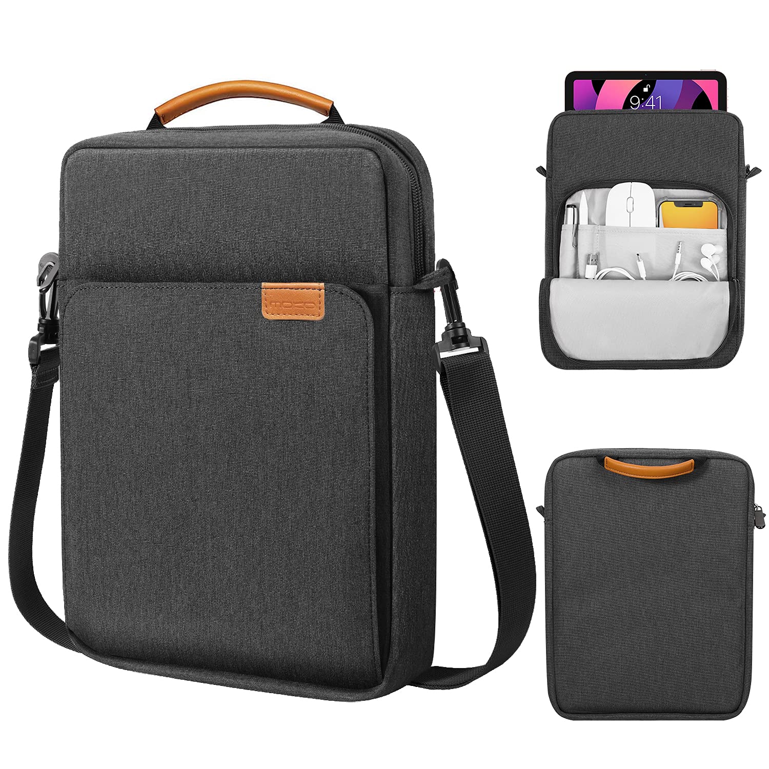 MoKo 12.9 Inch Tablet Sleeve Bag - Protective Case for iPad Pro 12.9 M4/M2/M1, iPad Air M2 2024, Surface Laptop Go 12.4, Galaxy Tab S8+/S9+ 12.4 - Lightweight Handle & Adjustable Shoulder Strap (Black & Gray) - Perfect for Travel, Office & School Use