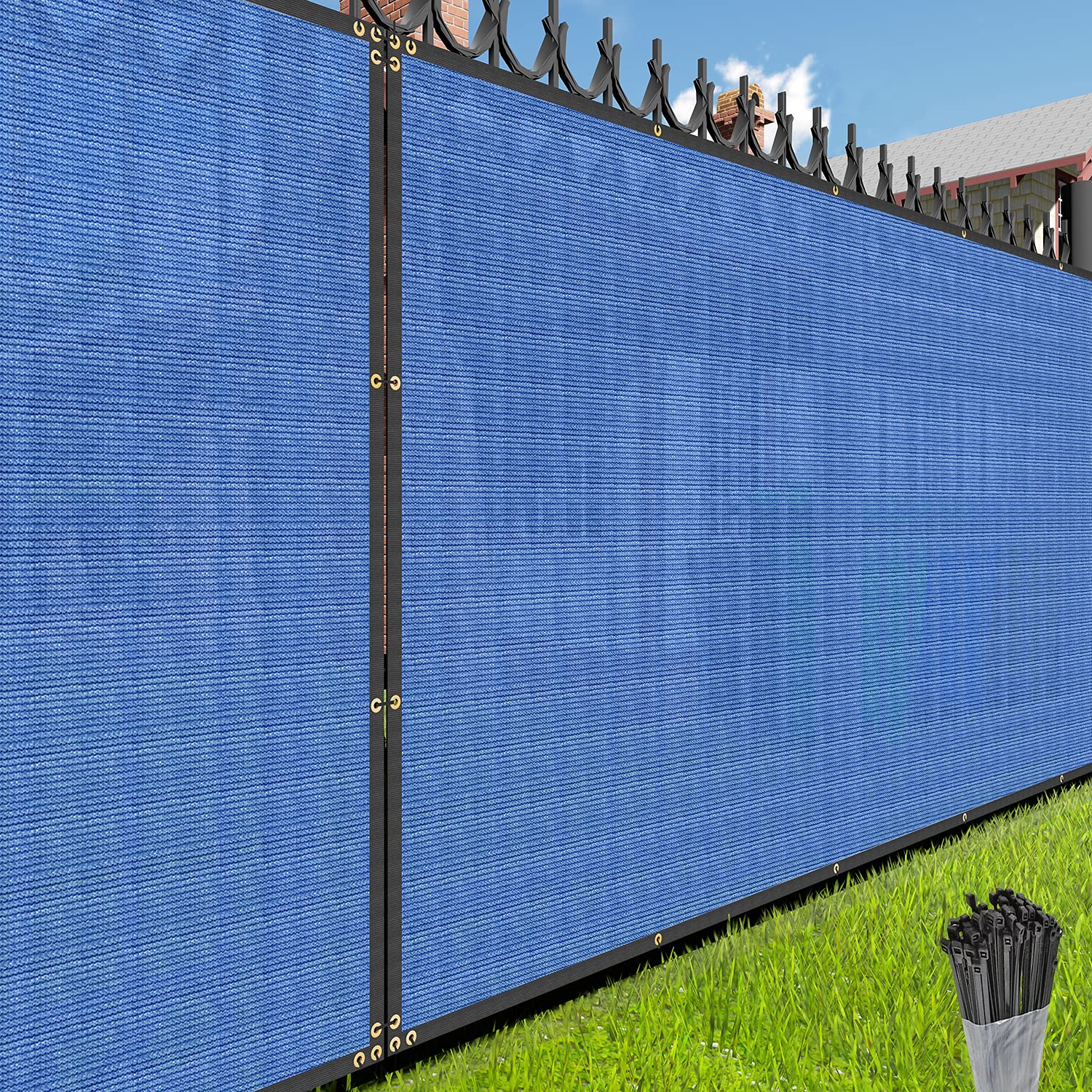 E&K Sunrise Blue 3' x 6' 240GSM Premium Breathable Privacy Fence Screen - UV Resistant Coated Polyester Mesh Windscreen for Outdoor Backyard, Patio & Commercial Use - Includes Zip Ties for Easy Installation