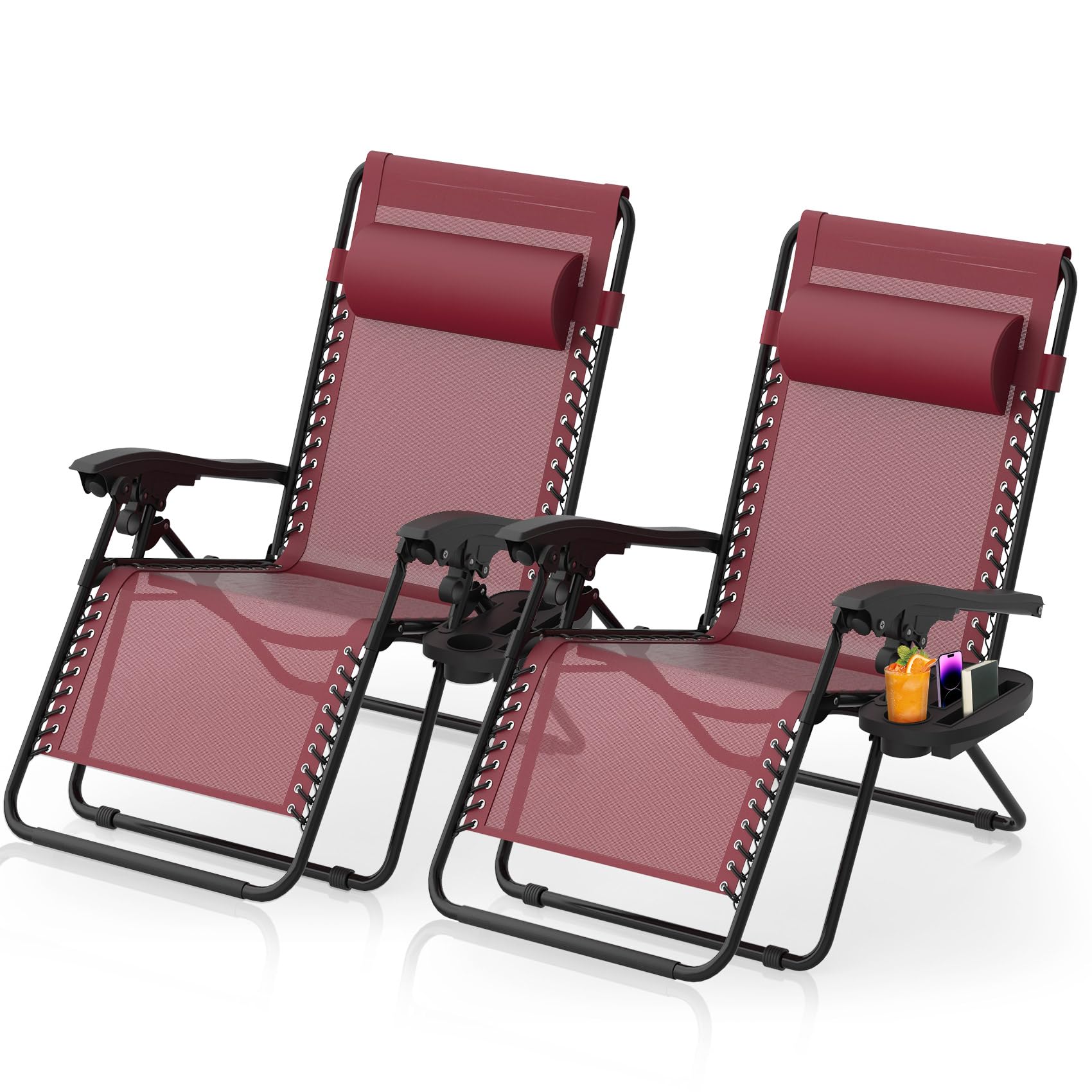 Suteck Zero Gravity Lounge Chairs Set of 2 - Heavy Duty Reclining Patio Chairs with Upgraded Lock, Oversized Cup Holder & Pillow - Foldable Outdoor Recliners for Backyard, Poolside, Beach, Camping - Indoor/Outdoor Use - Claret Red