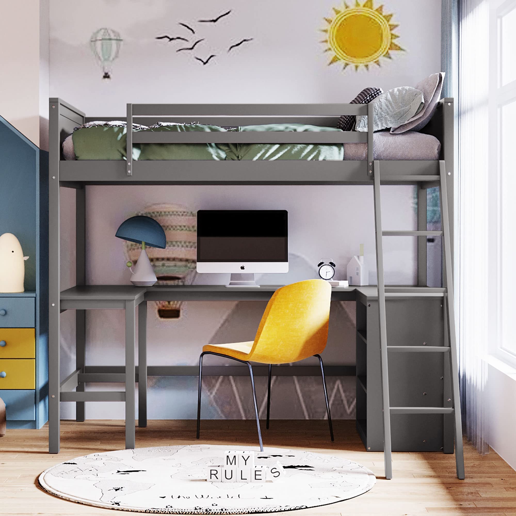 SOFTSEA Twin Loft Bed with Built-in Desk & Storage Shelves - Sturdy Wooden Bunk Bed Frame for Kids, Teens, Boys & Girls - Space-Saving Dorm Furniture in Modern Gray - Perfect for Small Bedrooms, Studio Apartments & College Dorms