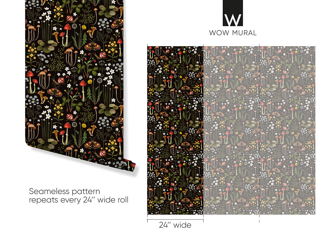 Dark Mushroom Floral Peel and Stick Wallpaper - Self-Adhesive Removable Wallpaper for Bedroom, Living Room, Nursery (W145) - Perfect for Home Decor, Accent Walls & DIY Projects
