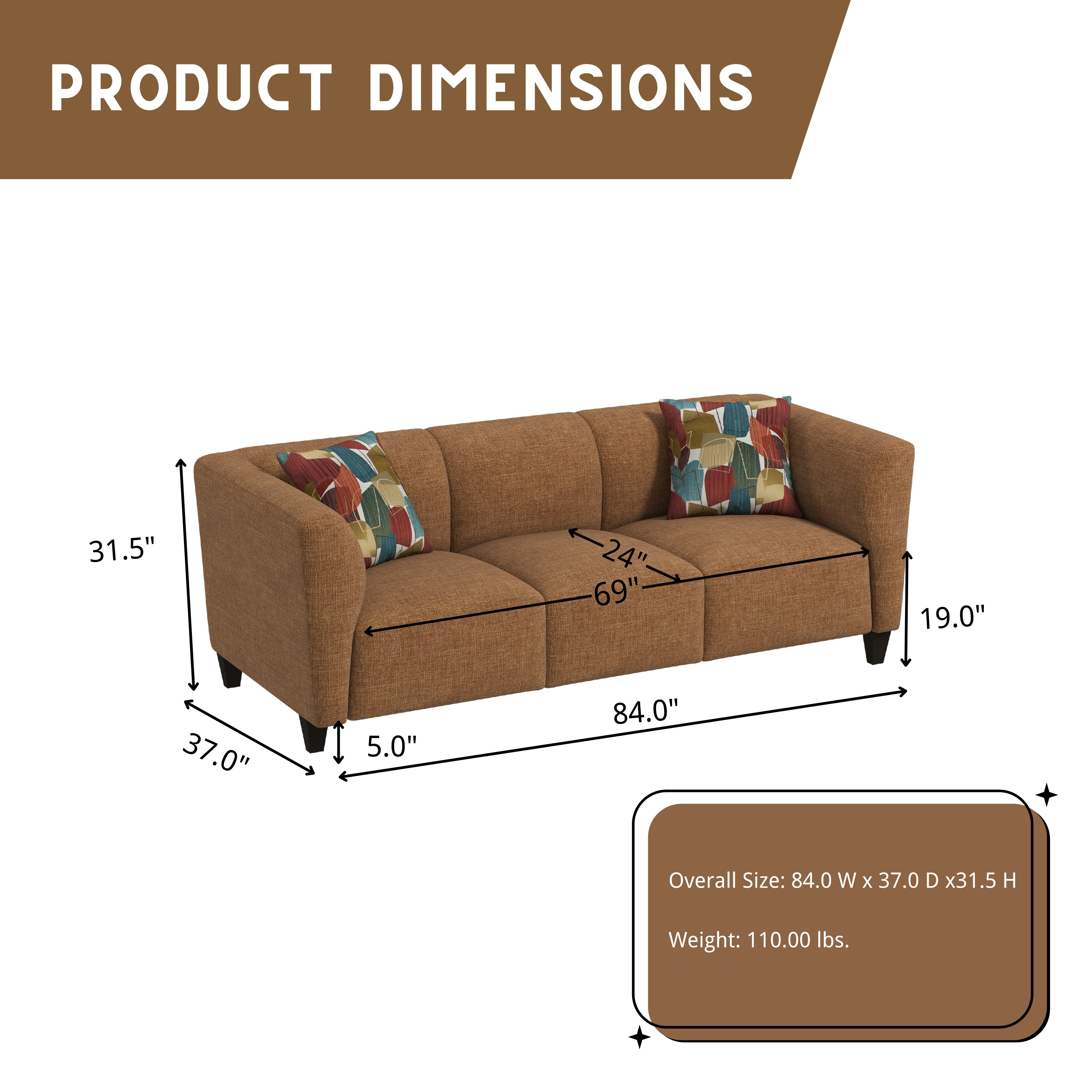 Roundhill Furniture Della Upholstered Stationary Sofa - Modern Living Room Couch with Soft Fabric, Comfortable Seating for Home, Office & Lounge Spaces