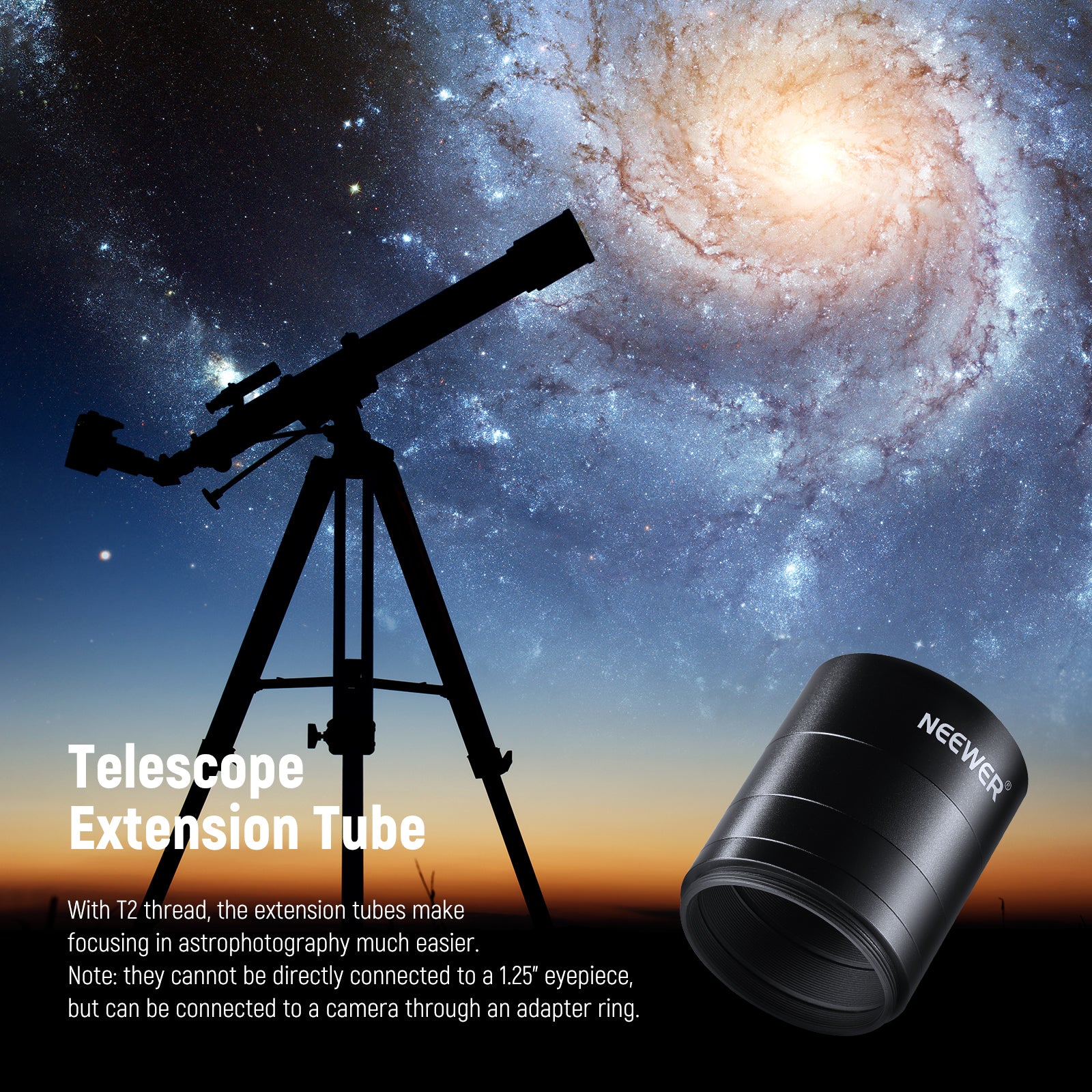 NEEWER 4-Piece LS T6 Extension Tube Kit for Telescope - Compatible with DSLR & Mirrorless Cameras - Perfect for Astrophotography & Long-Distance Photography