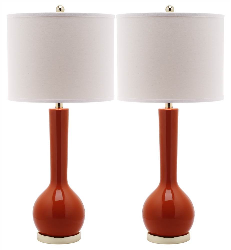 SAFAVIEH Lighting Collection Mae Long Neck Modern Contemporary Blood Orange Ceramic 31-inch Table Lamp Set of 2 (LED Bulbs Included) - Perfect for Bedroom, Living Room, Home Office & Nightstand Lighting