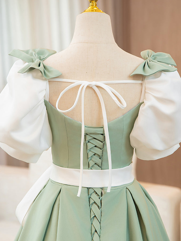 Elegant Puff Sleeves A-Line Satin Prom Dress in Green/White - Long Formal Evening Gown for Homecoming, Wedding Guest & Special Occasions