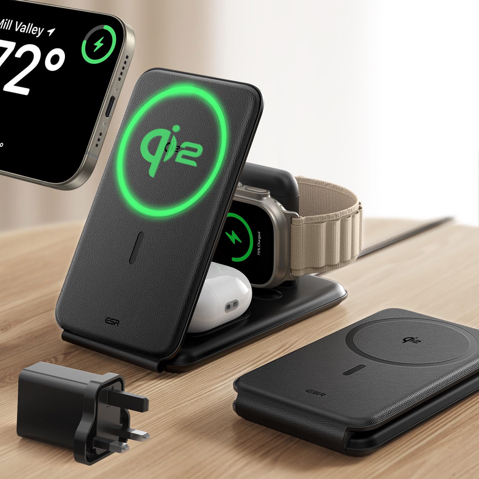 ESR Qi2 Certified 3-in-1 Wireless Charging Station - MagSafe Charger Stand for iPhone 16/15/14/13/12, Apple Watch & AirPods 4/3 (Black) | Fast Charging for Home, Office & Travel Accessories