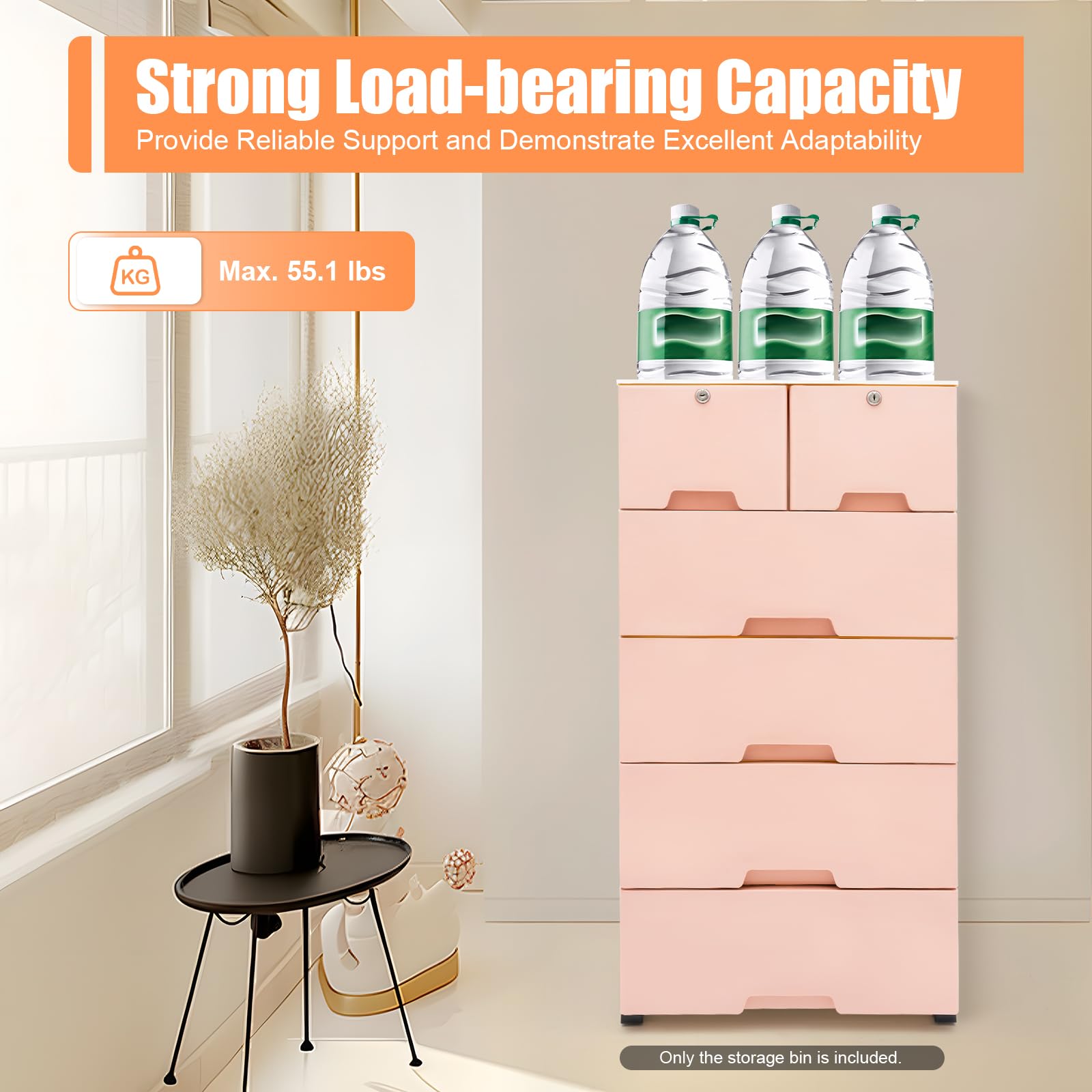 6-Drawer Rolling Dresser with Lock - Plastic Storage Cabinet for Clothes, Modern Bedroom & Closet Organizer, Pink Fabric Dresser for Bedroom, Office, Nursery & Dorm Organization - Space-Saving Storage Solution