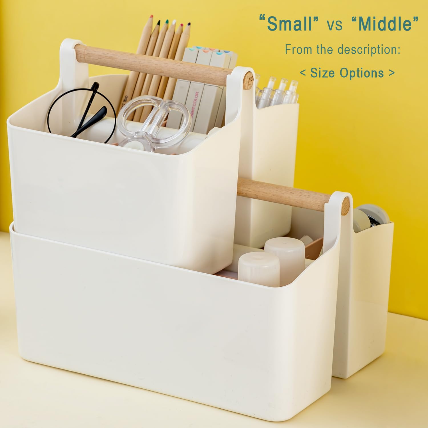 Art Supply Organizers Caddy with Handle - Portable Desk & Dorm Storage Basket for School, Office, Bathroom, Makeup & Cleaning Supplies (White & Yellow, Small) - Perfect for Students, Artists & Home Organization