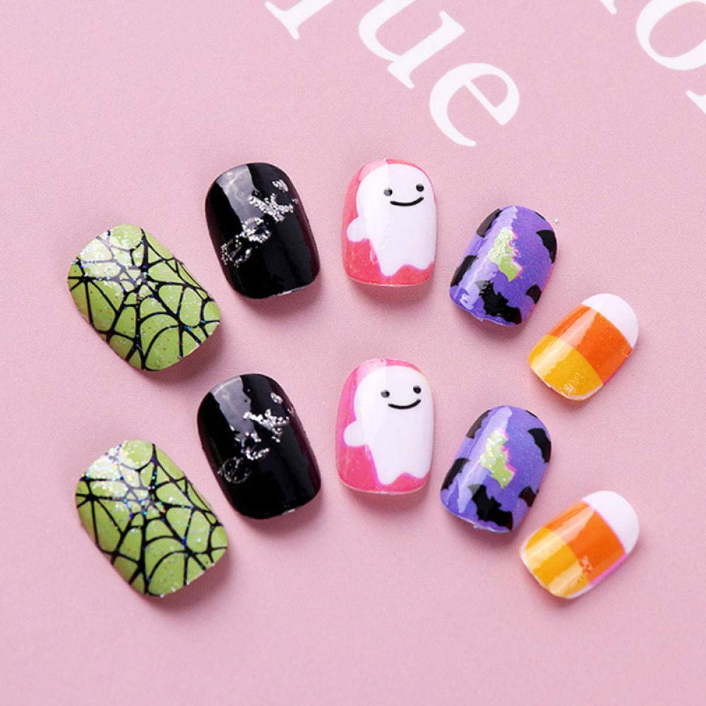 HUJL Halloween Fake Nails for Kids - 1 Box of Exquisite Thin Style False Nails with Safe & Elegant Designs | Perfect for Halloween Costumes, Dress-Up Parties & Nail Art Fun