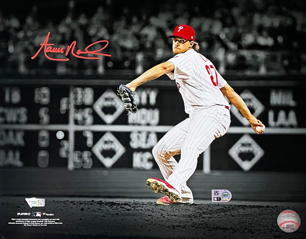 Aaron Nola Autographed Philadelphia Phillies 11x14 Spotlight Photo - Limited Edition Collectible for Baseball Fans - Perfect for Memorabilia Displays, Man Caves & Sports Themed Rooms