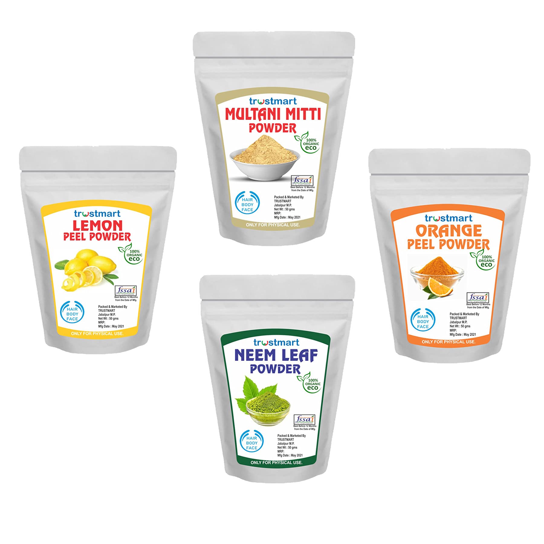 Organic Orange Peel Powder, Lemon Peel Powder, Multani Mitti & Neem Leaf Powder - 50g Each | Natural Skin Care, Face Mask, Hair Treatment & Ayurvedic Remedies for Glowing Skin & Healthy Hair
