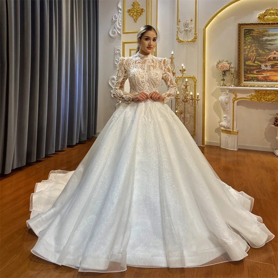 Elegant Fully Beaded Illusion A-Line Wedding Gown with Luxury Detailing - Perfect for Bridal, Formal Events & Special Occasions