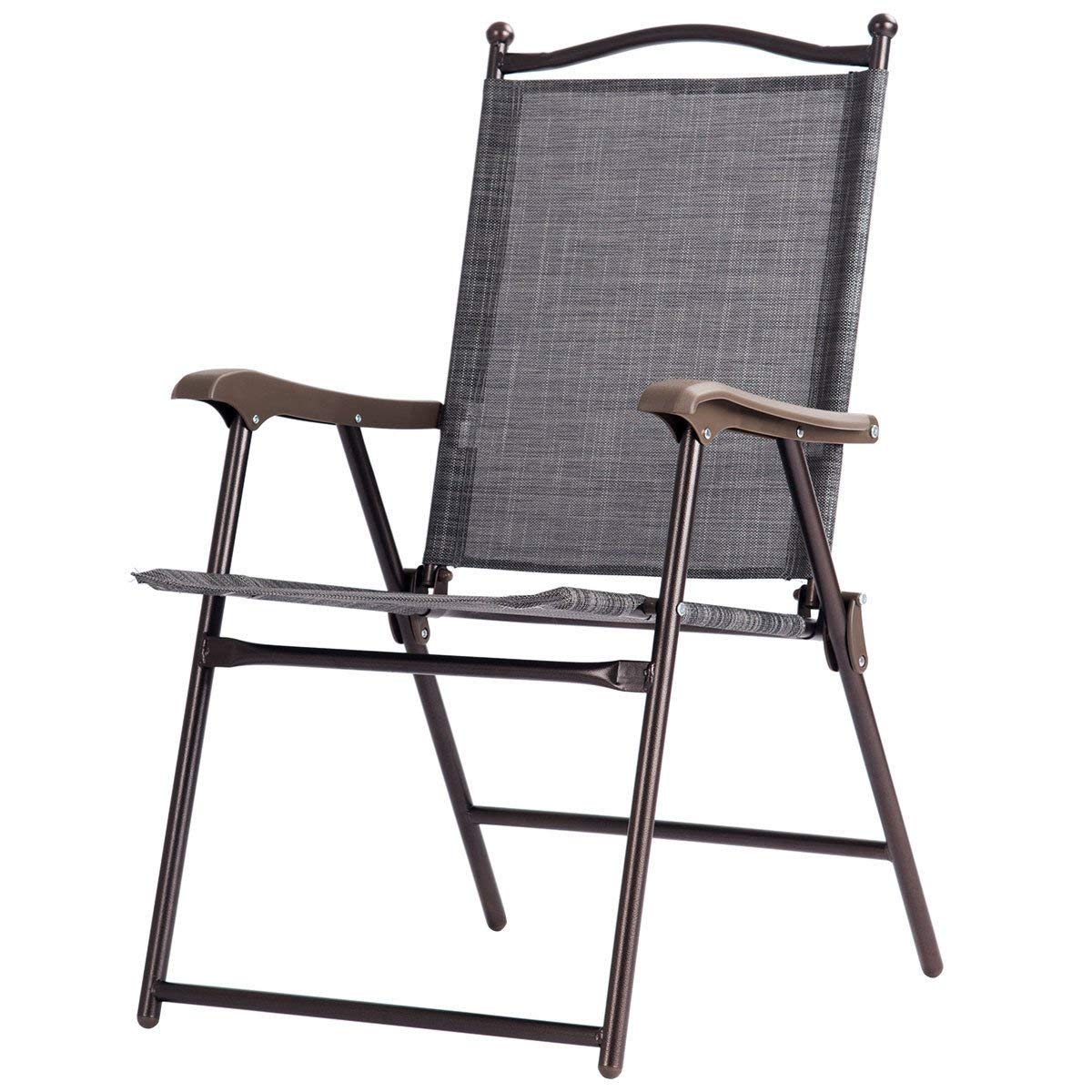 Giantex Set of 2 Folding Patio Chairs with Armrests - Lightweight Sling Lounge Chairs for Indoor Outdoor Use, Garden, Poolside, Beach, Camping & Backyard - Easy Assembly Metal Frame Grey Patio Furniture