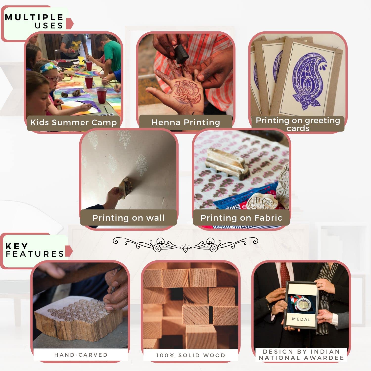 Handcrafted Wooden Block Printing Stamps Set of 5 - DIY Art Supplies for Saree Borders, Textiles, Clay, Pottery & Tattoo Designs - Perfect for Kids' Art Projects, Home Decor & Crafting Activities - HASHCART®