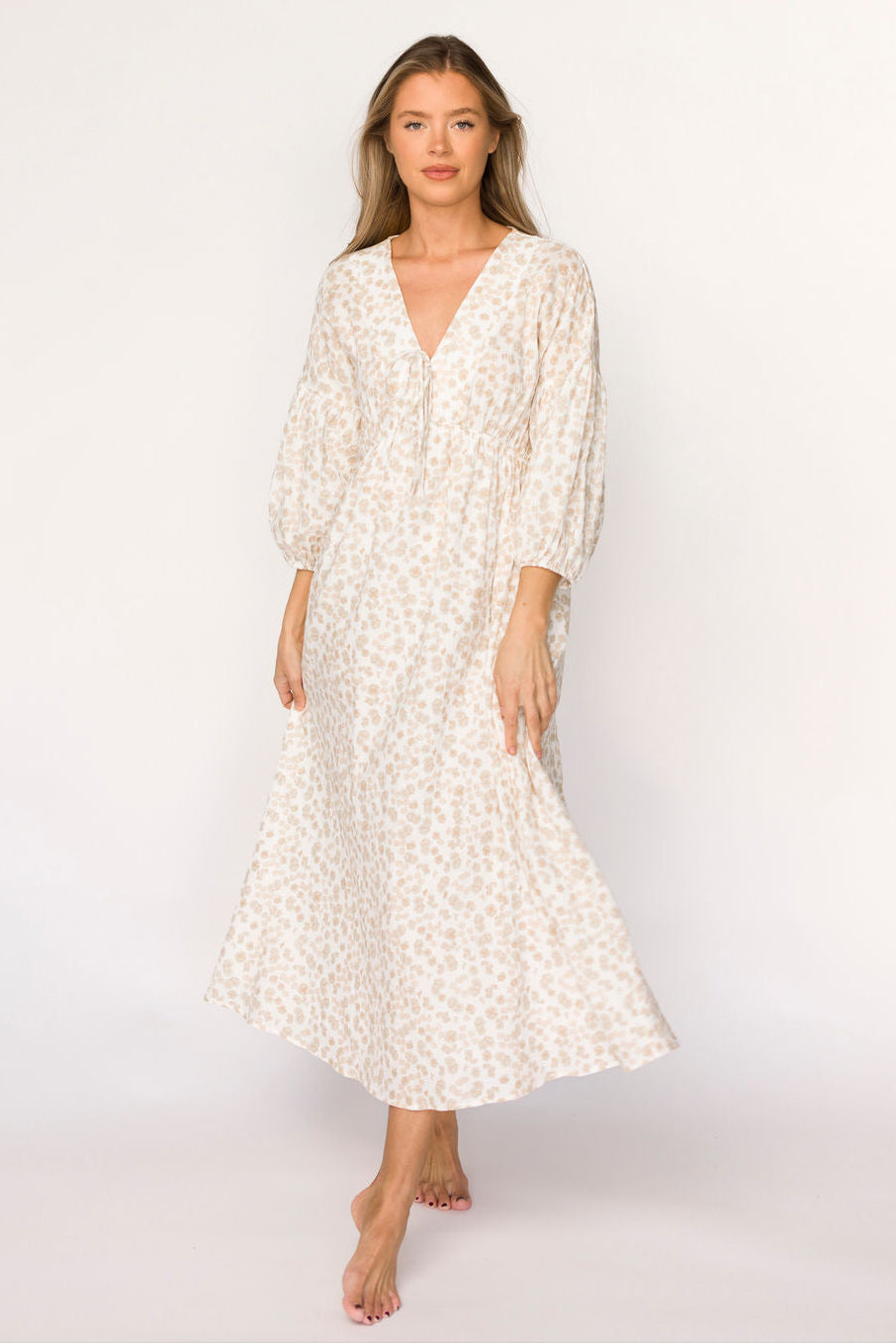 Hunter 100% Cotton Gauze Midi Dress - Natural/Fawn Floral Print | Bump Friendly Maternity Dress | Perfect for Pregnancy, Summer Outings & Beach Vacations