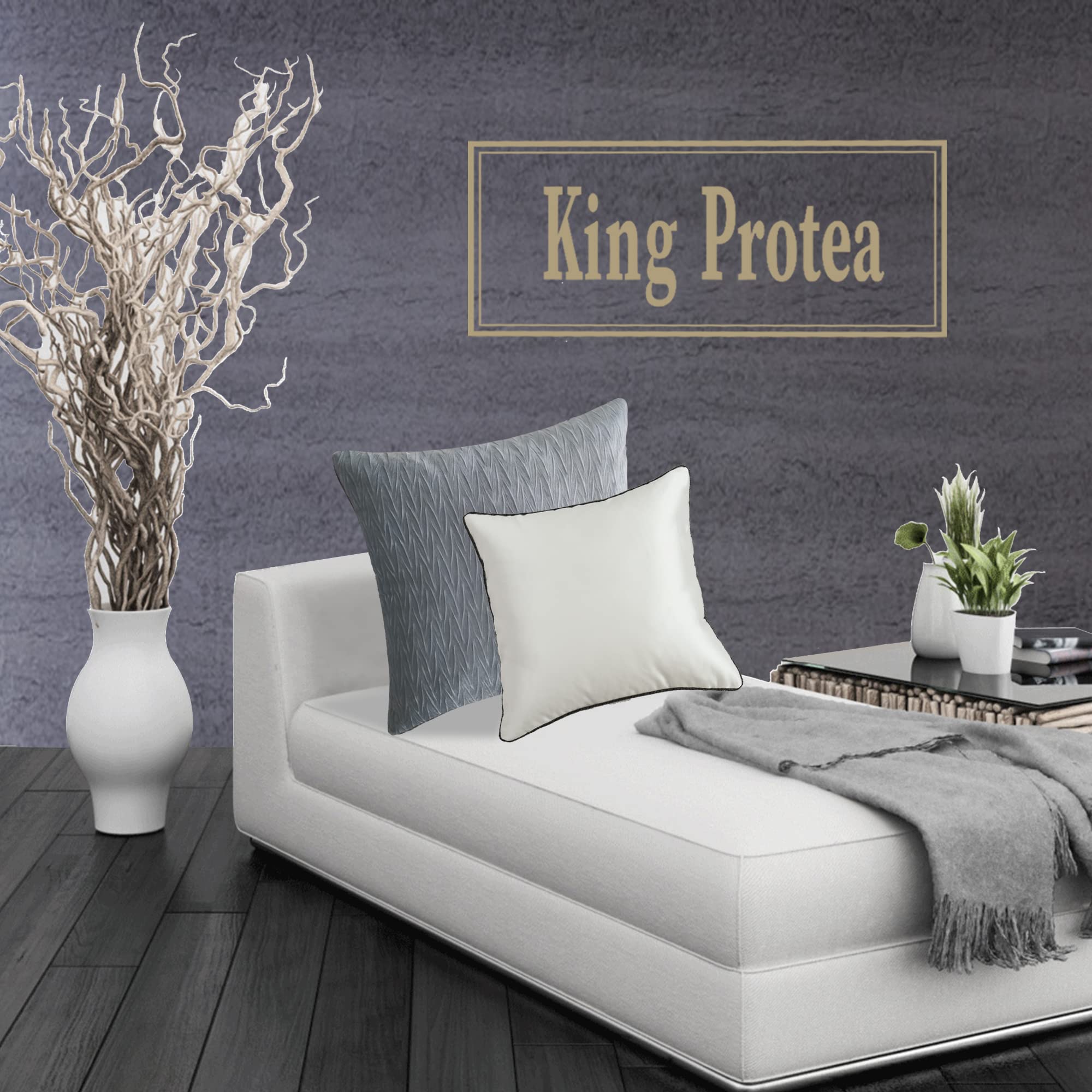 King Protea Ivory White Decorative Throw Pillow Covers - Soft Heavy Satin Fabric with Black & White Piping - 18x18 Inch (45x45cm) Square Cushion Cases for Sofa, Couch, Bed & Chair - Set of 2 - Perfect for Living Room Decor, Bedroom Accents & Home Styling