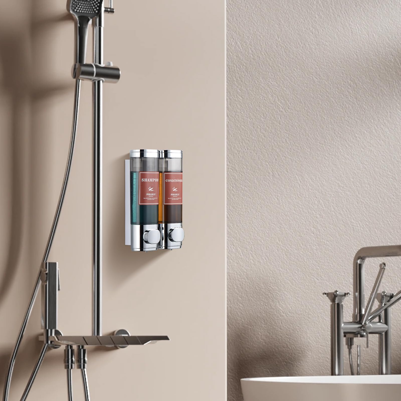 Wall Mounted No Drill Shampoo and Conditioner Dispenser - 2 Chamber Chrome Shower Soap Dispenser for Body Wash & Shower Gel | Perfect for Bathroom Organization & Space Saving Shower Storage
