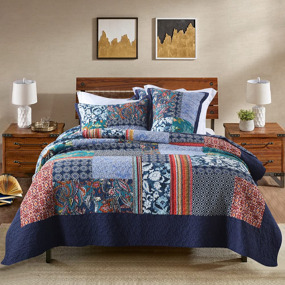 100% Cotton Queen Size Bedspread Quilt Set - Blue Bohemian Floral Patchwork with Hand-Stitched Embroidery | 3-Piece Reversible Pre-Washed Bedding Cover for All Seasons | Perfect for Master Bedroom, Guest Room & Bohemian Home Decor
