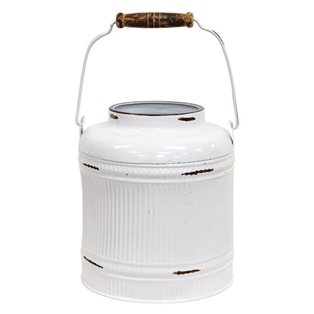 Distressed White Metal Ribbed Flower Garden Bucket with Handle - Perfect for Outdoor Decor, Gardening, and Rustic Home Decor