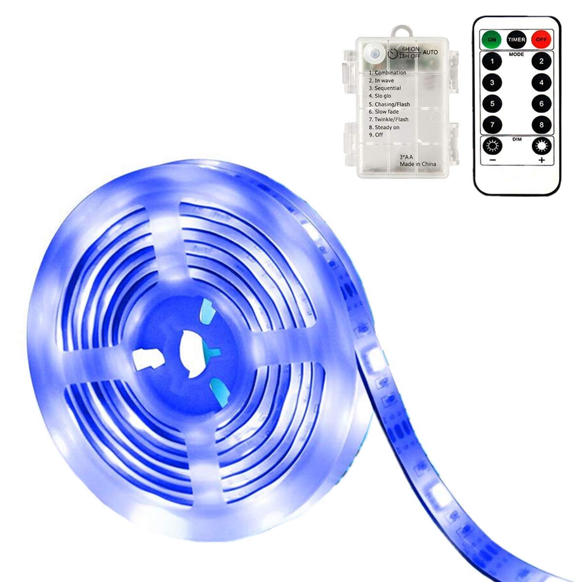 Echosari Blue LED Strip Lights - Waterproof, Battery Operated with Remote Control | 8 Lighting Modes, Dimmable, Timer Function | Self-Adhesive & Cuttable 3M Tape | 90 LEDs for Indoor & Outdoor Decor - Perfect for Bedroom, Party, Christmas, and Home Decoration