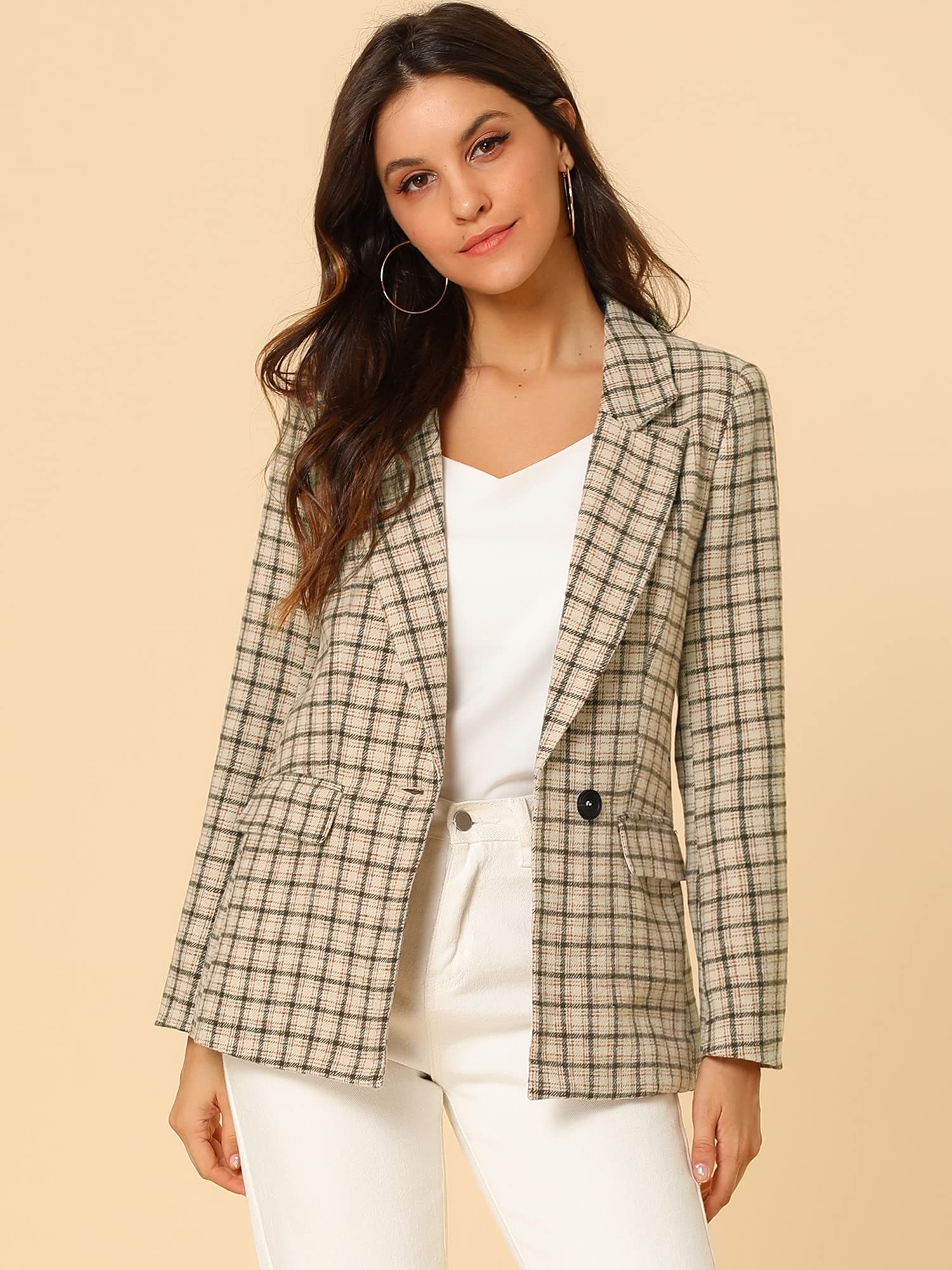 Allegra K Women's Notched Lapel Single Button Boyfriend Blazer Jacket - Plaid Suit Jacket for Office, Business & Casual Outfits