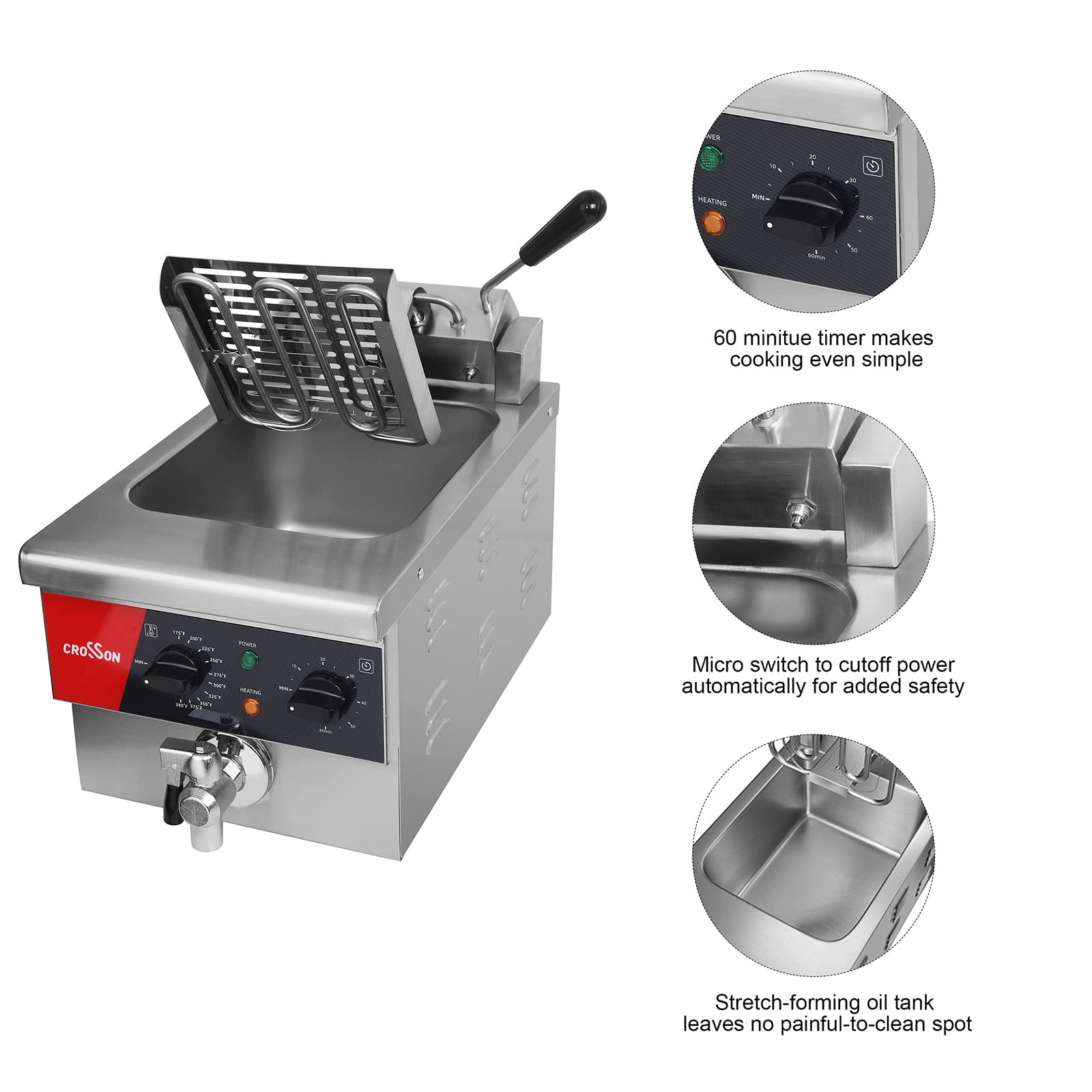CROSSON 6L Commercial Electric Deep Fryer with Timer, Drain & Lid - 1800W Countertop Deep Fryer for Restaurants, Fast Food & Home Use - Perfect for Frying Chicken, French Fries & Seafood
