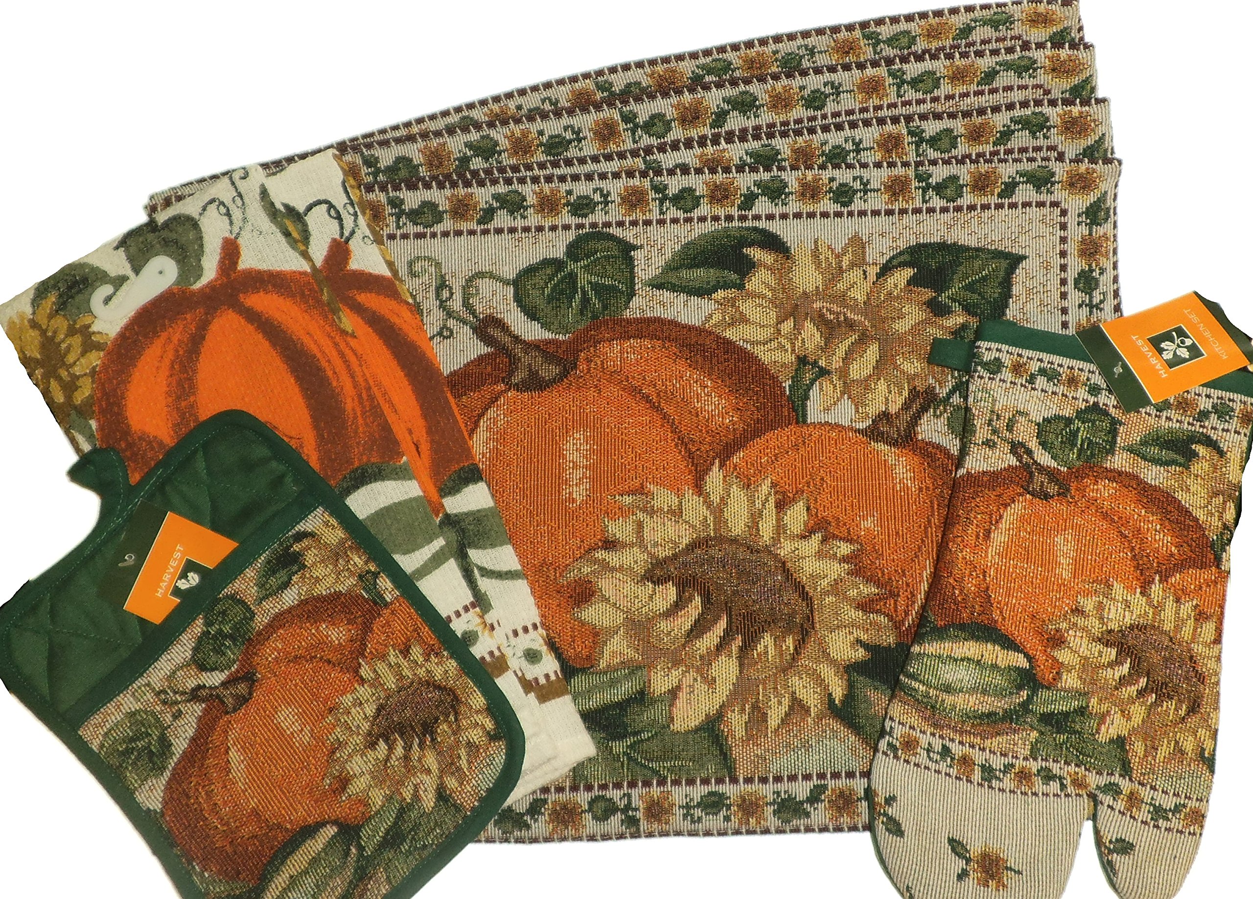 8-Piece Autumn Pumpkin Sunflower Kitchen Set with Potholders, Oven Mitt, 4 Placemats & 2 Towels - Fall Harvest Decor for Thanksgiving, Farmhouse Dining & Cozy Home Decor