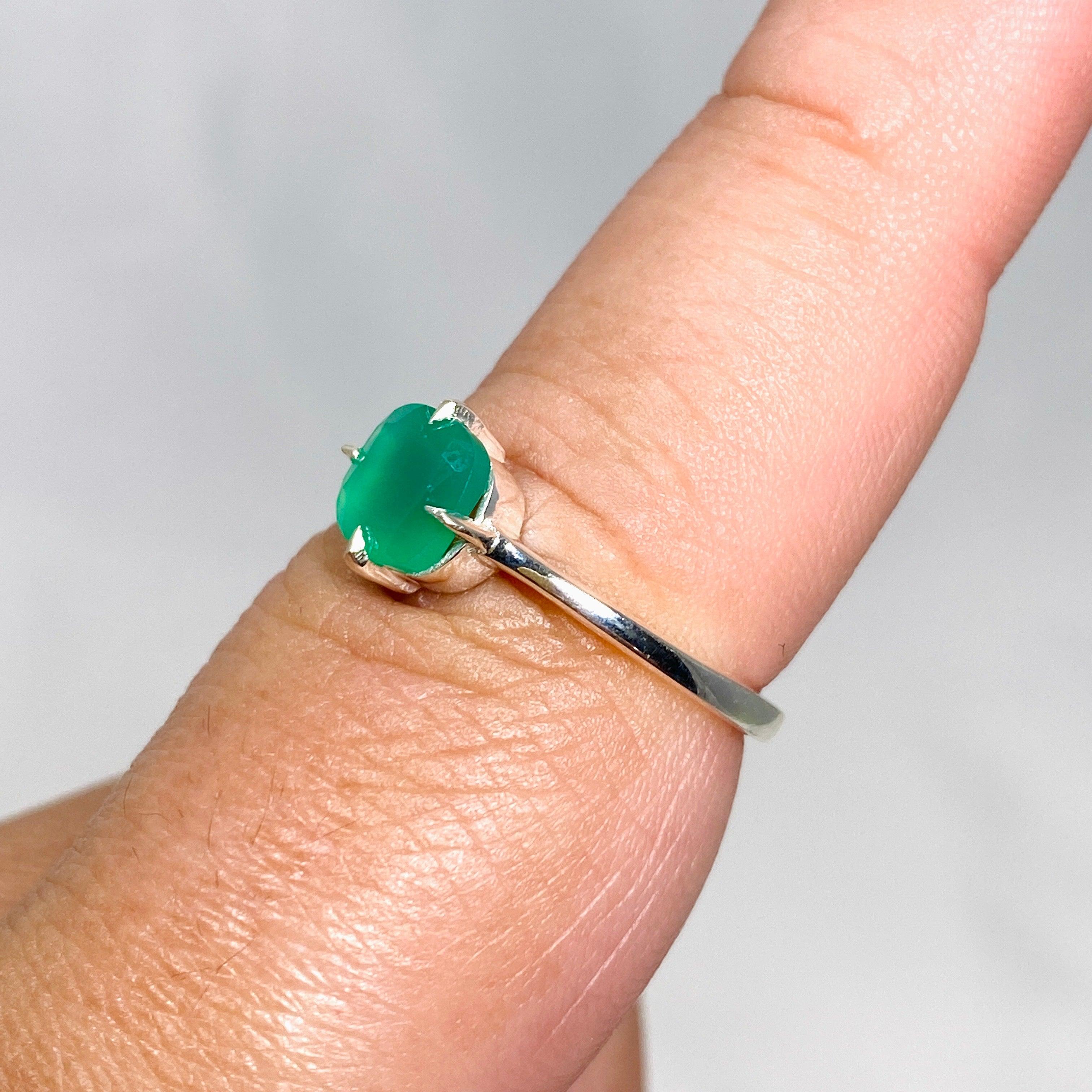 Green Chalcedony Faceted Square Solitaire Ring R4806 - Elegant Jewelry for Women, Perfect for Weddings, Anniversaries & Special Occasions