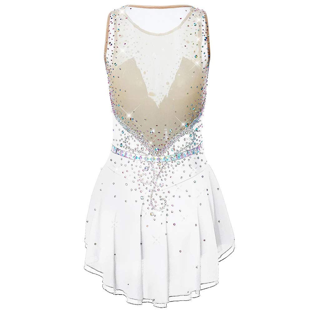 Women's & Girls' Figure Skating Dress - Sleeveless Ice Skating Costume in White - Size 110 - Perfect for Competitions, Performances & Ice Shows