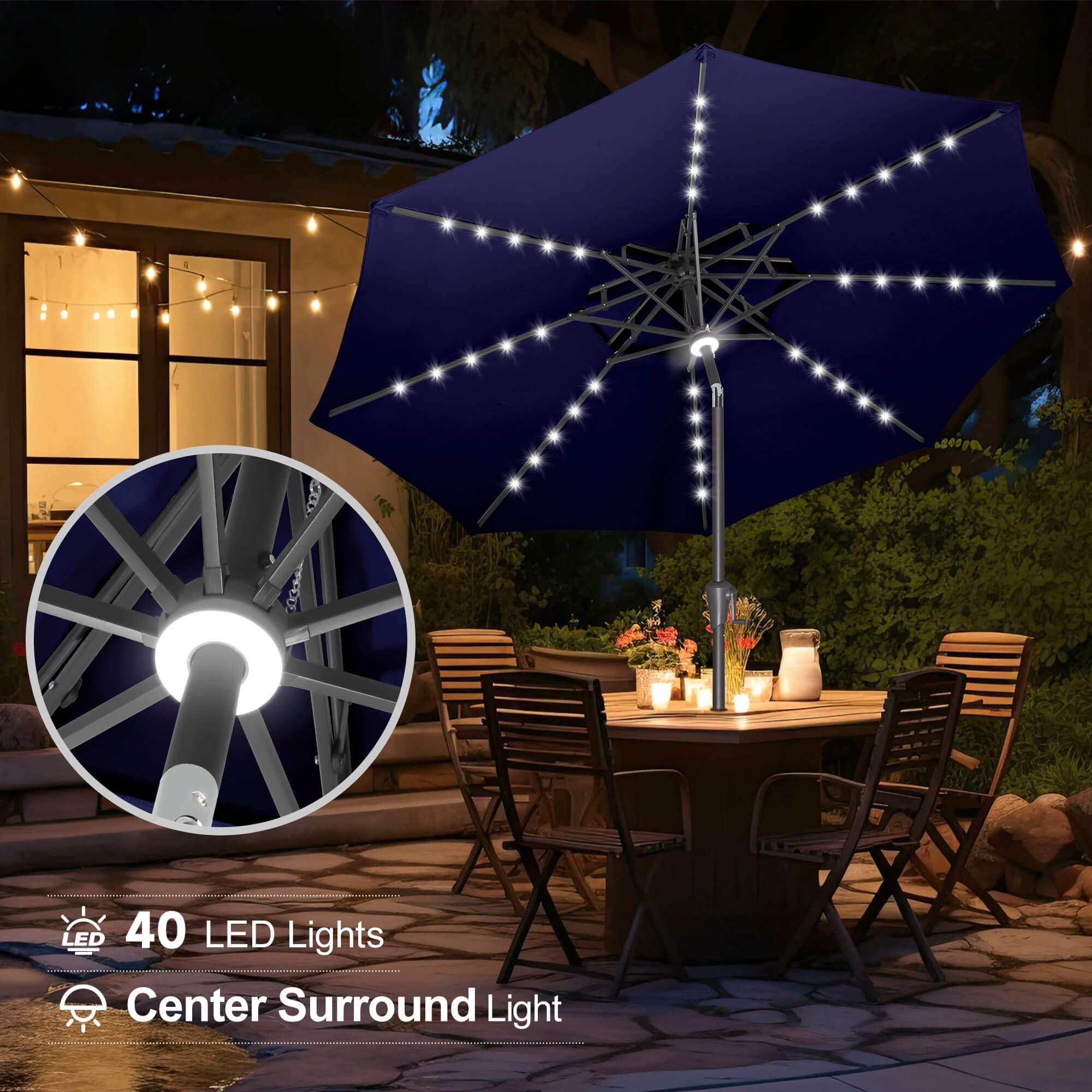 FLAME&SHADE 9ft Solar Powered LED Patio Umbrella with Tilt - Navy Blue Outdoor Market Table Umbrella for Poolside, Garden, and Backyard Dining