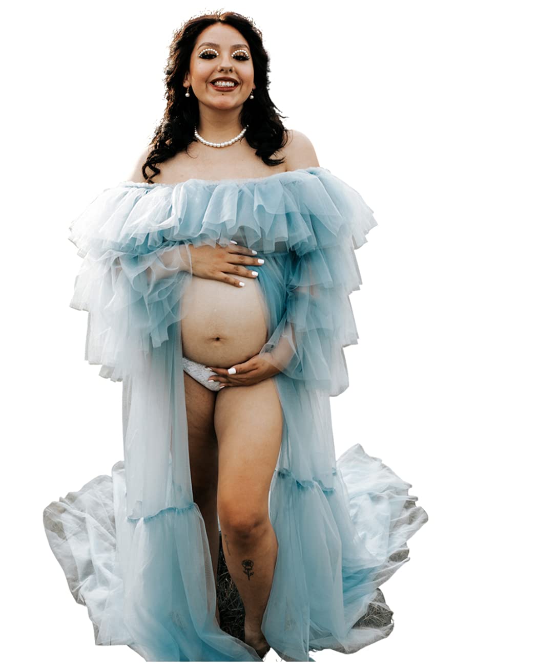 Maternity Photoshoot Tulle Robe for Women - Off-the-Shoulder Long Sleeve Lace Gown (Large, Size 41) - Perfect for Pregnancy Photos, Bridal Showers & Baby Showers