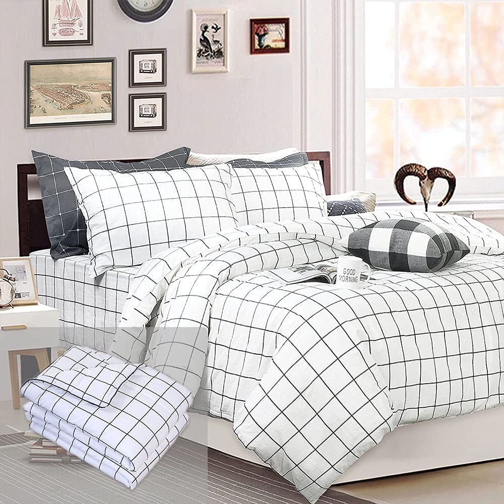 FADFAY White Plaid Comforter Set - 100% Cotton Buffalo Check Summer Quilt with Deep Pocket Sheets (6 Piece Queen Size) | Cozy Bedroom Decor for Guest Rooms & Farmhouse Style Homes