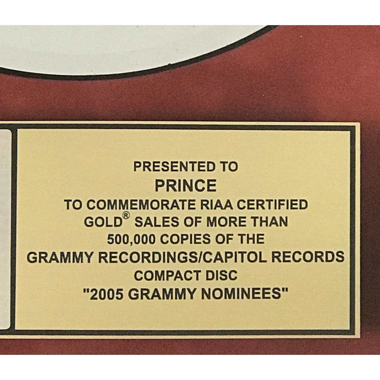 Grammy 2005 Nominees RIAA Gold Album Award Presented to Prince - Rare Collectible Music Memorabilia for Display & Investment