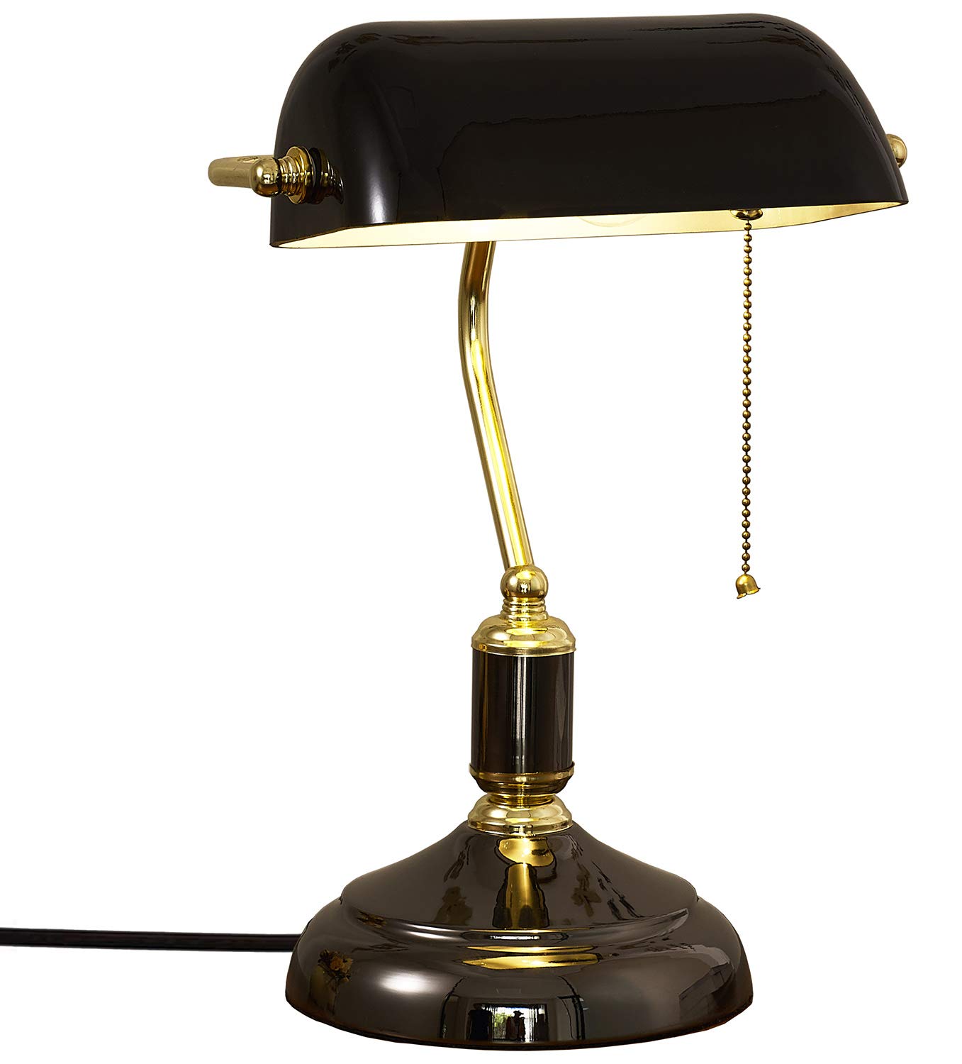 Vintage Bankers Lamp with Traditional Pull Chain Switch - Retro Brass Finish Gold Desk Lamp for Home Office, Study, Reading & Bedroom - Classic Black Shade for Warm Ambient Lighting