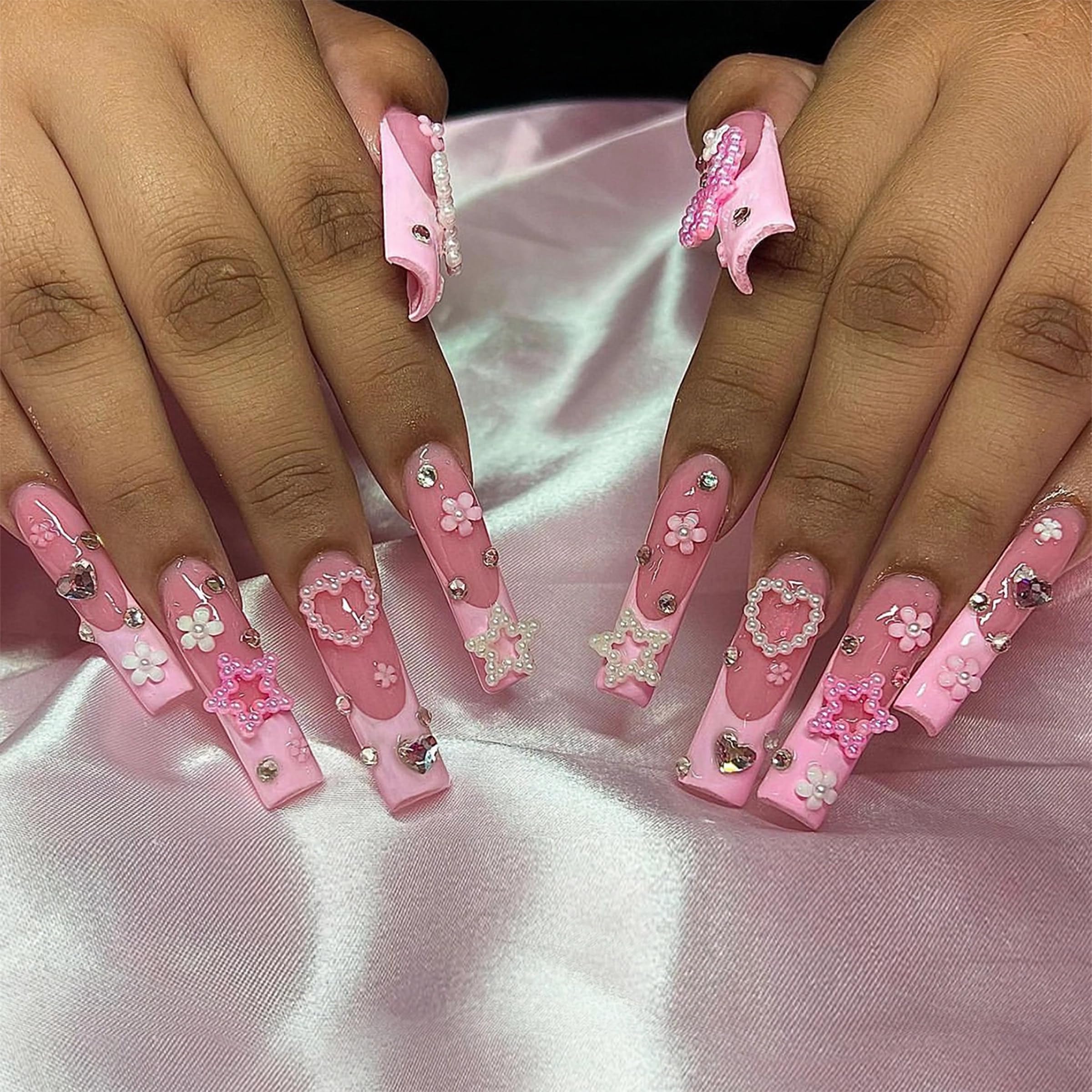 MERVF 24pcs Long Square Press on Nails - Pink French Tip Fake Nails with Charms & Rhinestones, Glossy False Nails for Women, Cute Squoval Artificial Nails for Party, Wedding, Date Night & Special Occasions