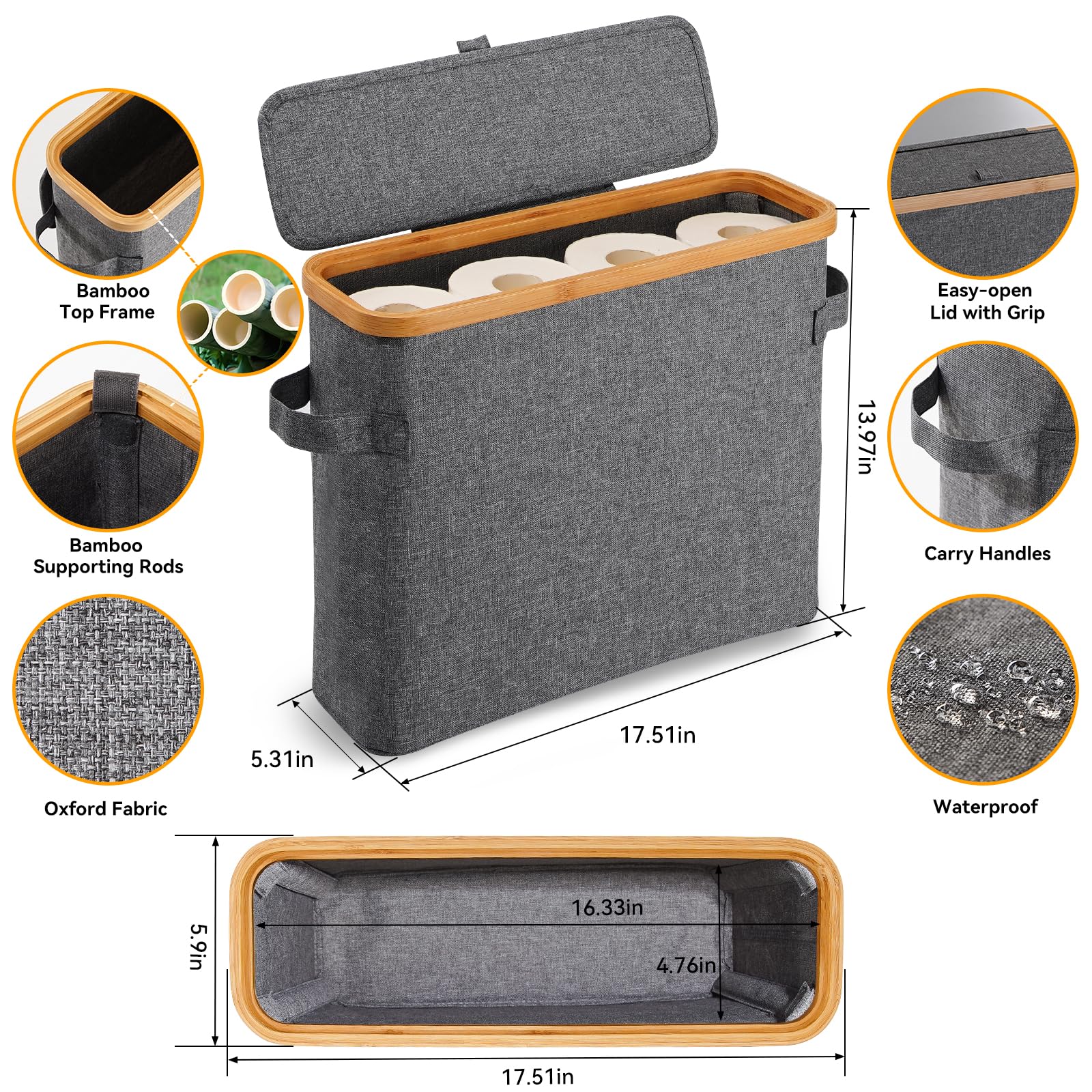 Bamboo Toilet Paper Storage Basket with Lid - Bathroom Tissue Holder Organizer for RV, Closet & Home - Gray Storage Box with Handle | Perfect for Small Spaces, Bathroom Counter & Vanity Organization