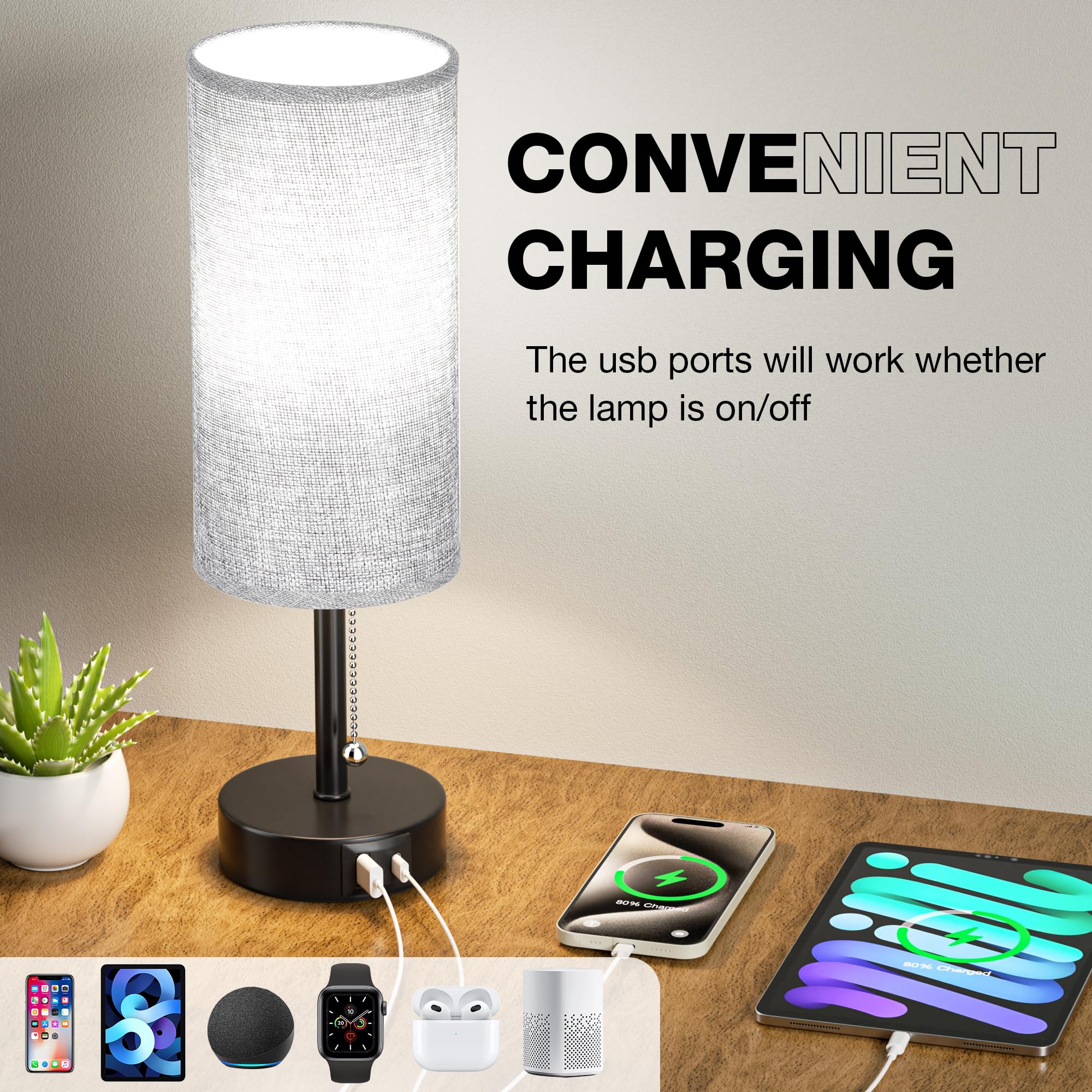Set of 2 Grey Bedside Lamps - 14 Inch Nightstand Table Lamps with USB A+C Charging Ports, 3-Way Color Temperature, Pull Chain Switch | Perfect for Bedroom, Dorm Room, Office Desk & Reading Nook Lighting