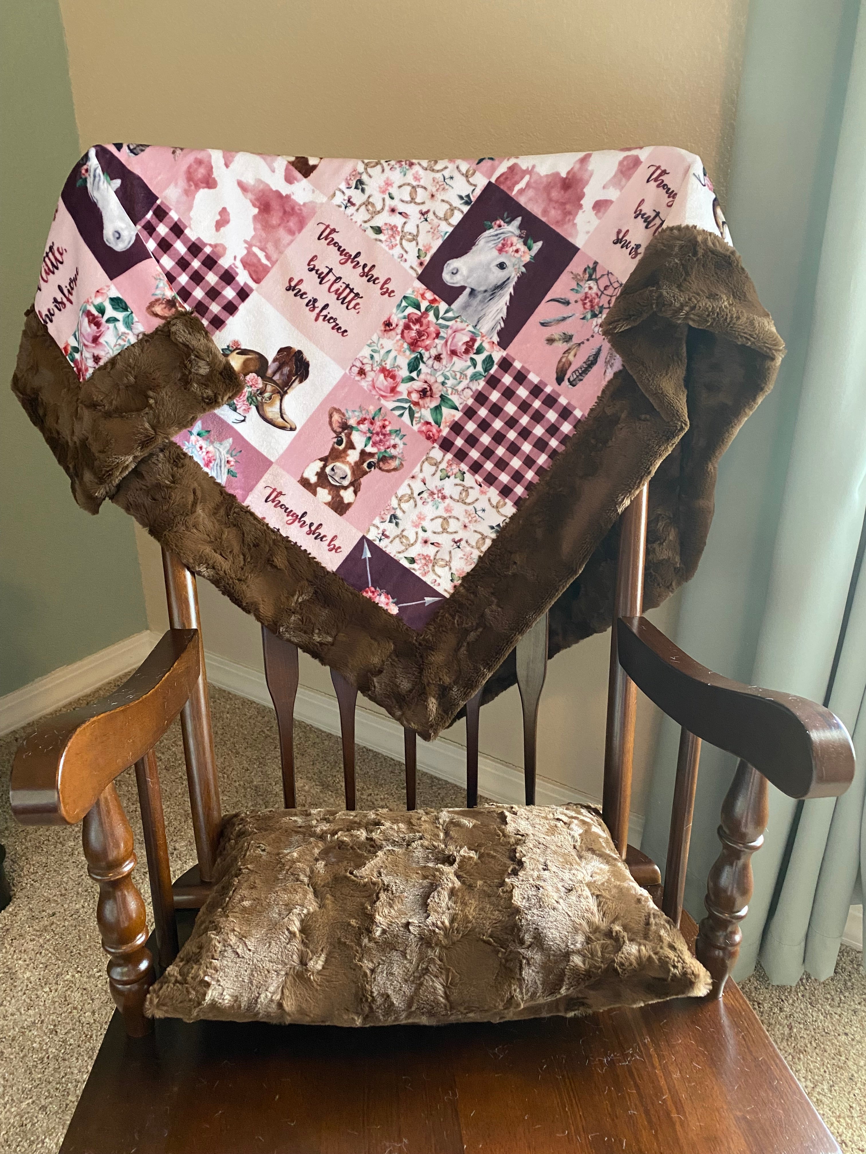 Soft Rosewater Brown Minky Baby Blanket 37x45 Inch with Matching 13x18 Pillowcase - Cozy Cowgirl Themed Nursery Blanket for Cuddling, Swaddling & Photo Props