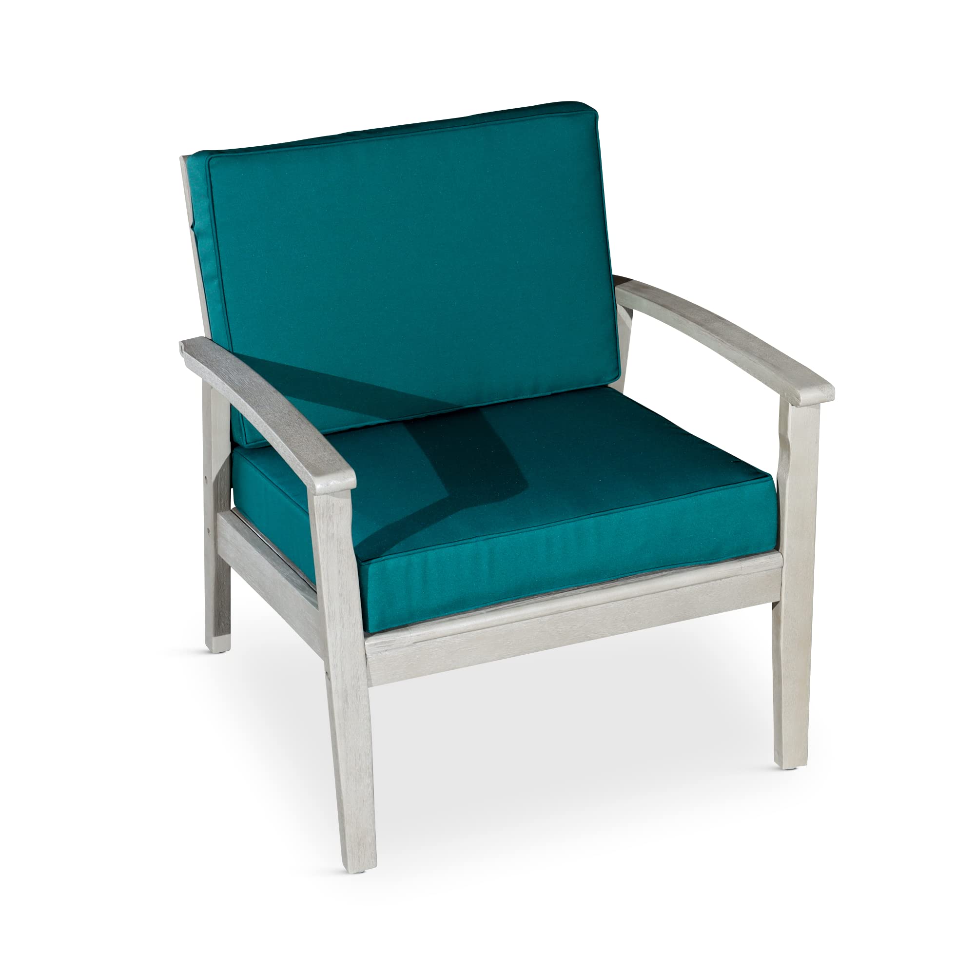 DTY Outdoor Living Longs Peak Deep Seat Eucalyptus Patio Chair - Weather-Resistant Driftwood Gray Finish with Dark Green Cushions - Perfect for Backyard, Garden, Poolside & Patio Relaxation