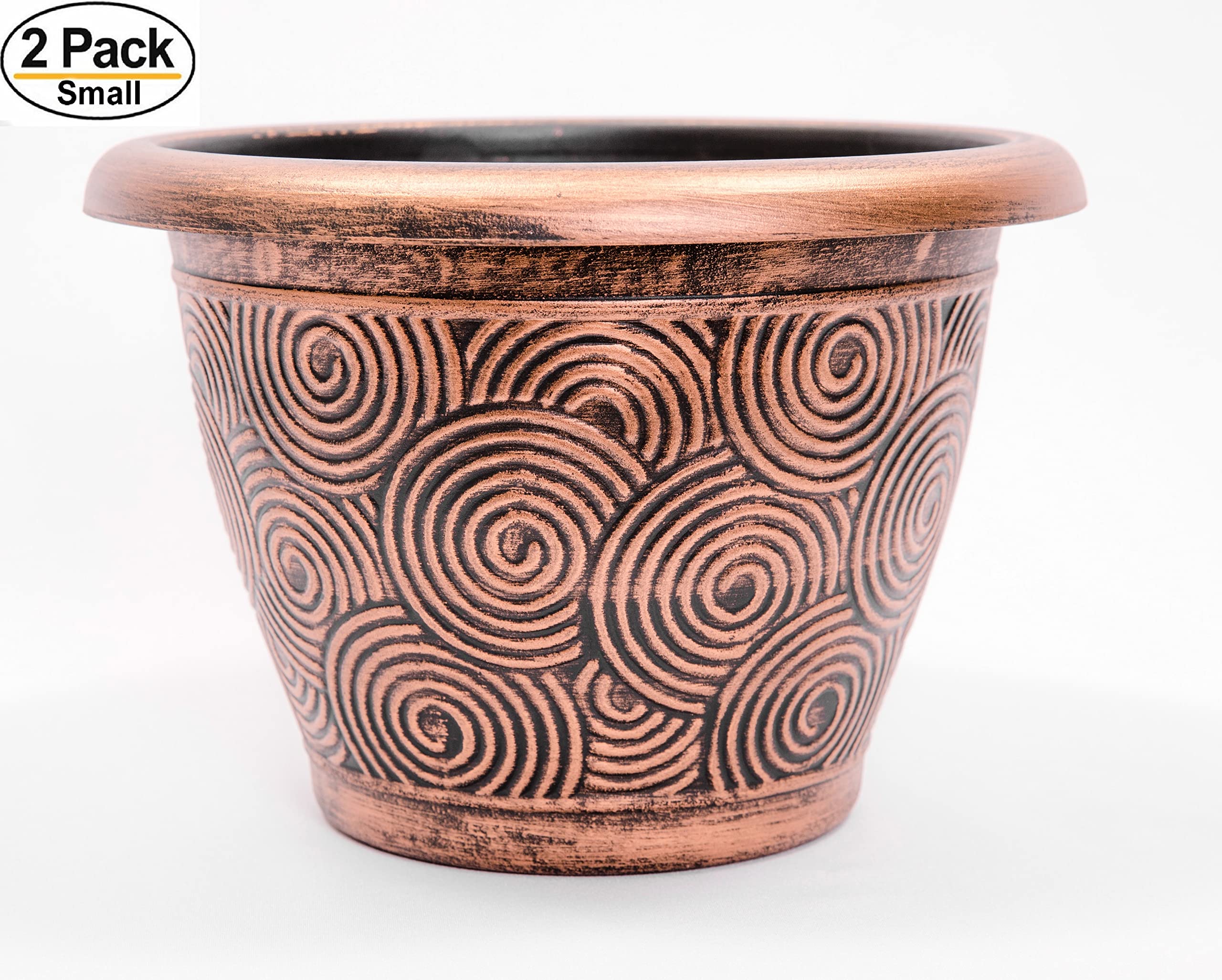 2 Pack Round Geometric Plastic Planters 10X7 Inches - Indoor Outdoor Decorative Flower Pots for Garden, Patio, Nursery, Office & Home Decor (Concentric Circles, Copper Finish) | Perfect for Succulents, Herbs & Small Plants