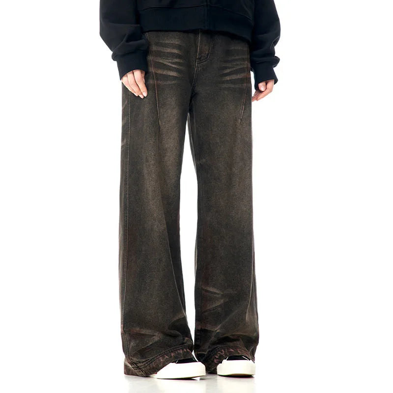 American Style Men's Denim Pants - Solid Color Straight Leg Trousers with Zipper Pockets | Wide Leg Comfort Fit for Winter 2024 | Casual Wear, Office Outfits & Street Style Fashion