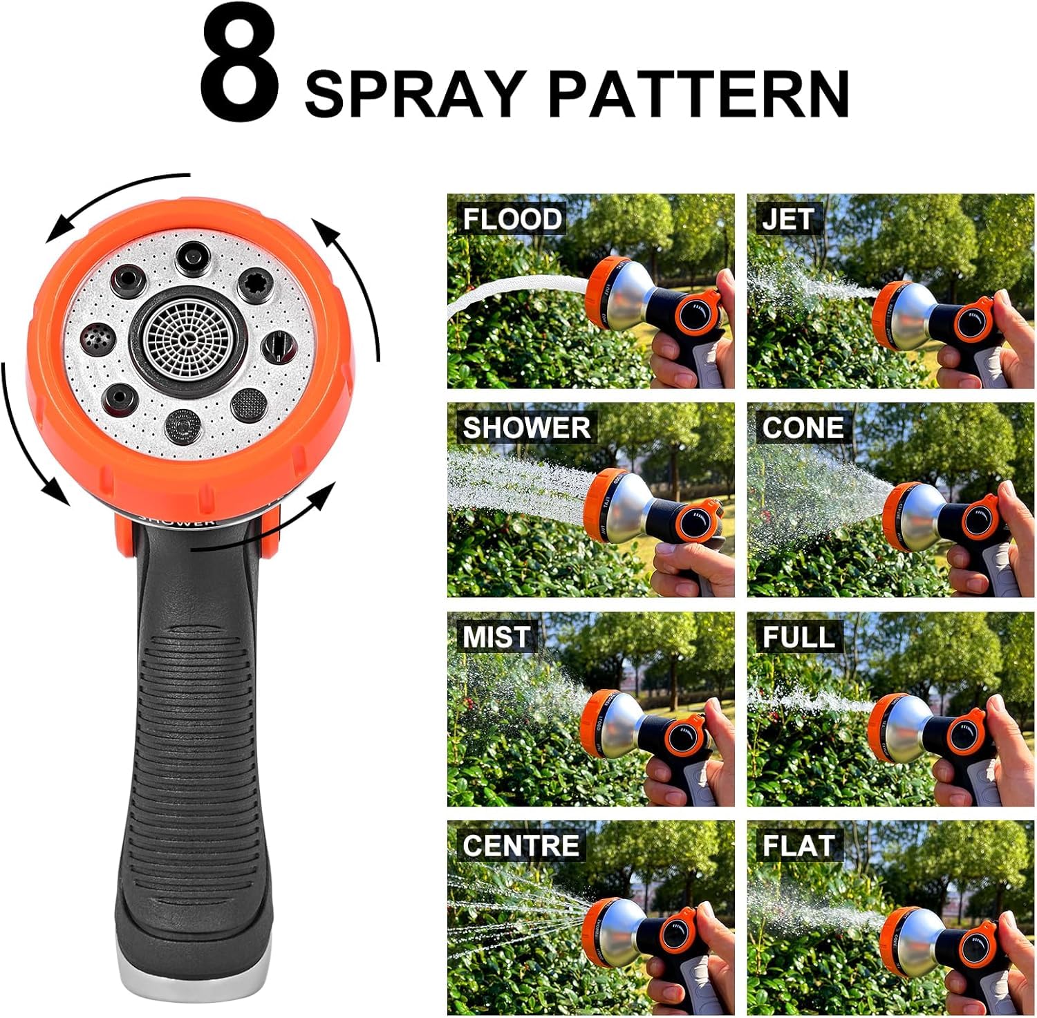 **High Pressure Garden Hose Nozzle Sprayer - Adjustable 8 Spray Patterns with Water Flow Control Valve for Lawn Watering, Car Washing, Pet Bathing & Outdoor Cleaning**