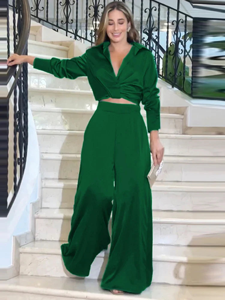 Drauuing Women's 2-Piece Outfit Set - Stylish Crop Top & Wide Leg Pants | Casual Summer Blouse & Pant Sets for Women | Perfect for Beach, Vacation & Everyday Wear