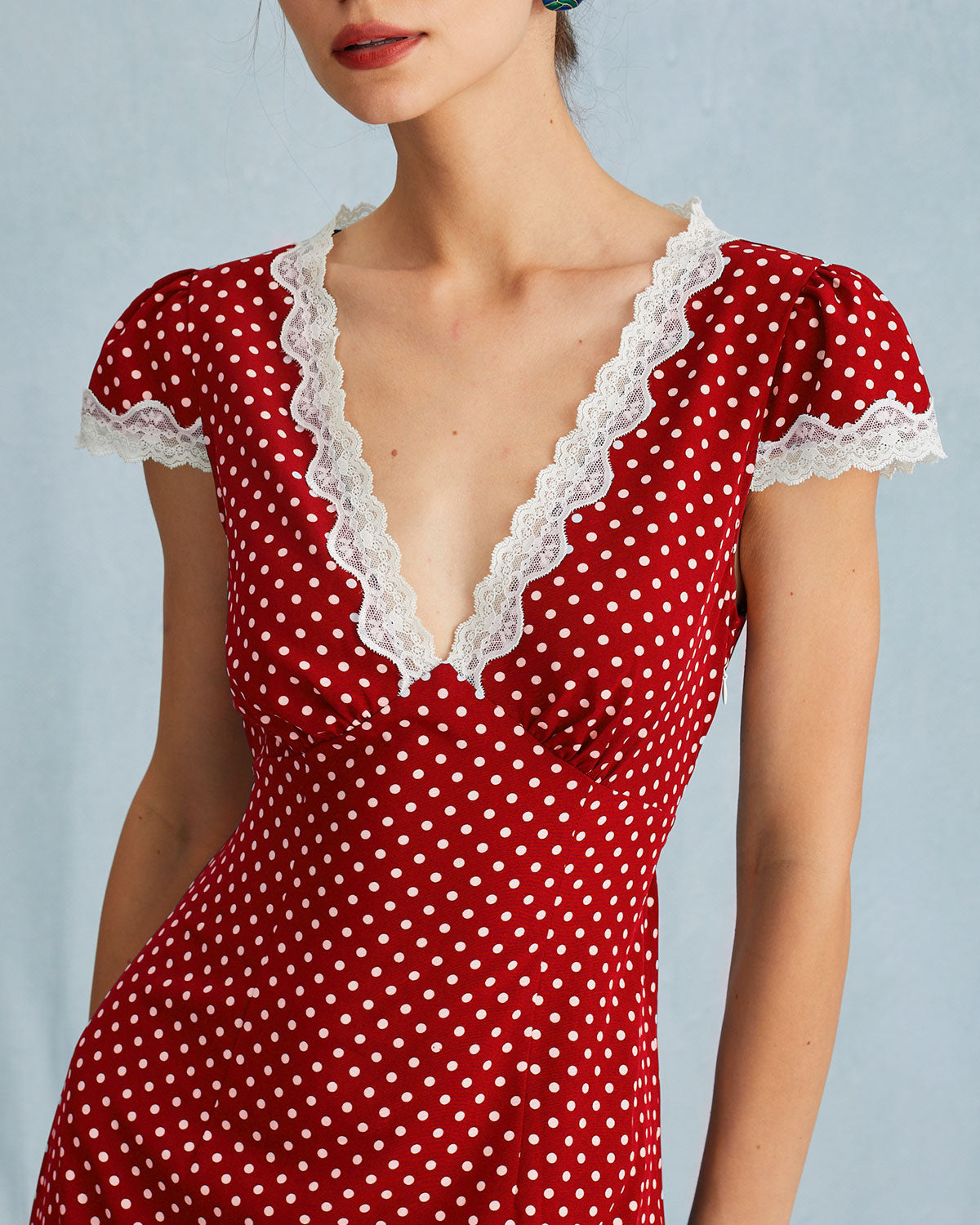 Elegant Red V-Neck Polka Dot Lace Ruched Maxi Dress for Women - Perfect for Summer Weddings, Beach Vacations & Date Nights